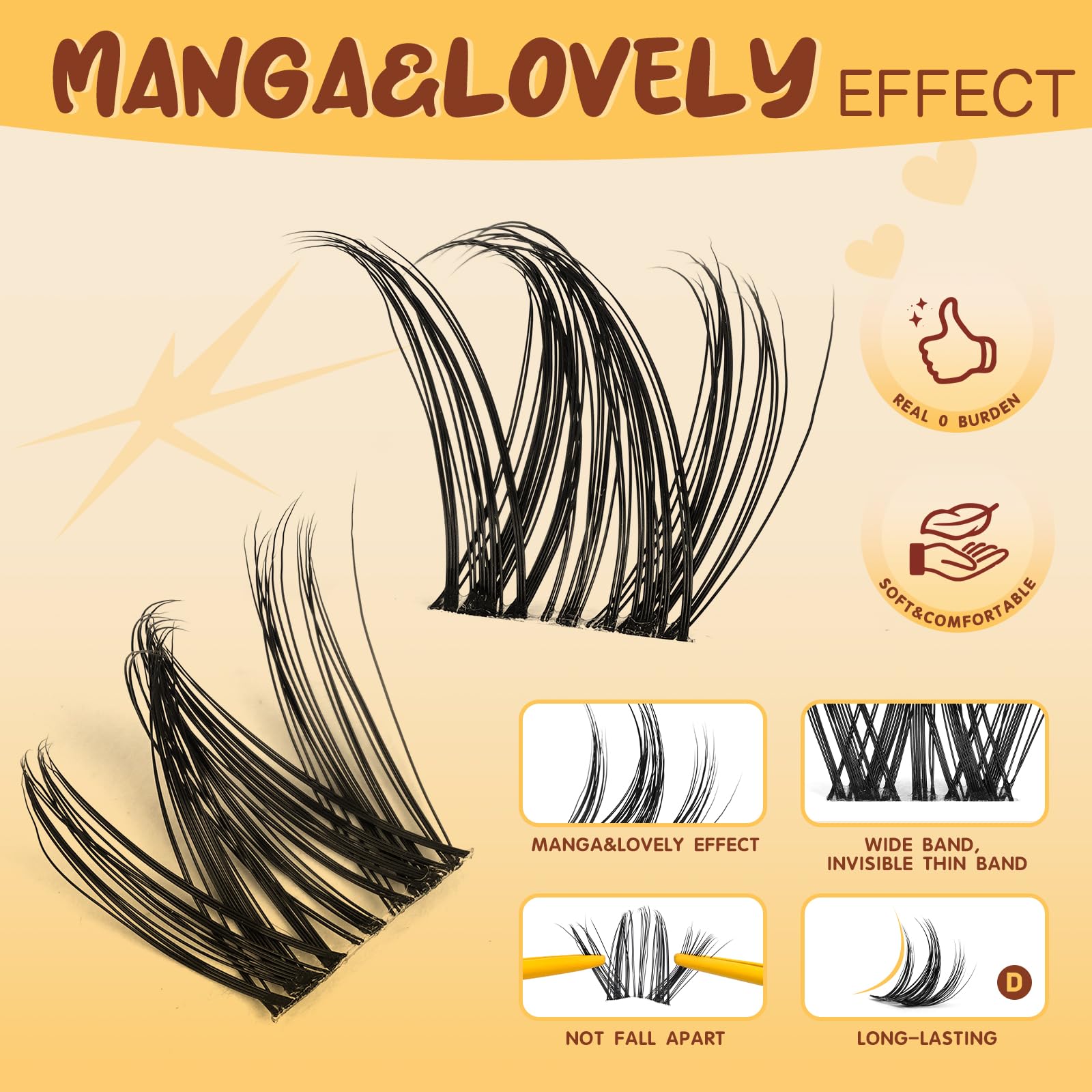 QUEWEL Manga Cluster Lashes, C Curve Individual Eyelashes with Clear Band - Image 3