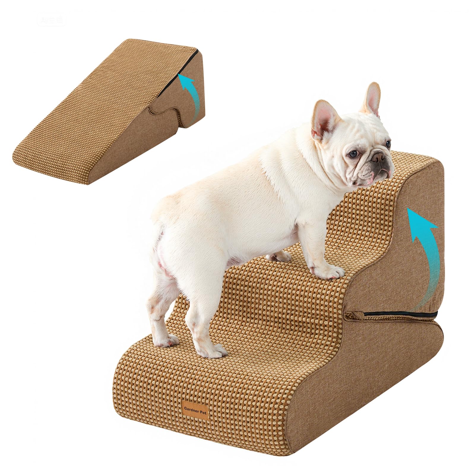 Gardner Pet Scala per Cani Piccoli 35/42cm, 3 Gradini, Rampina in Schiuma con Rivestimento Antiscivolo e Impermeabile per Letto, Divano e Auto, Marrone