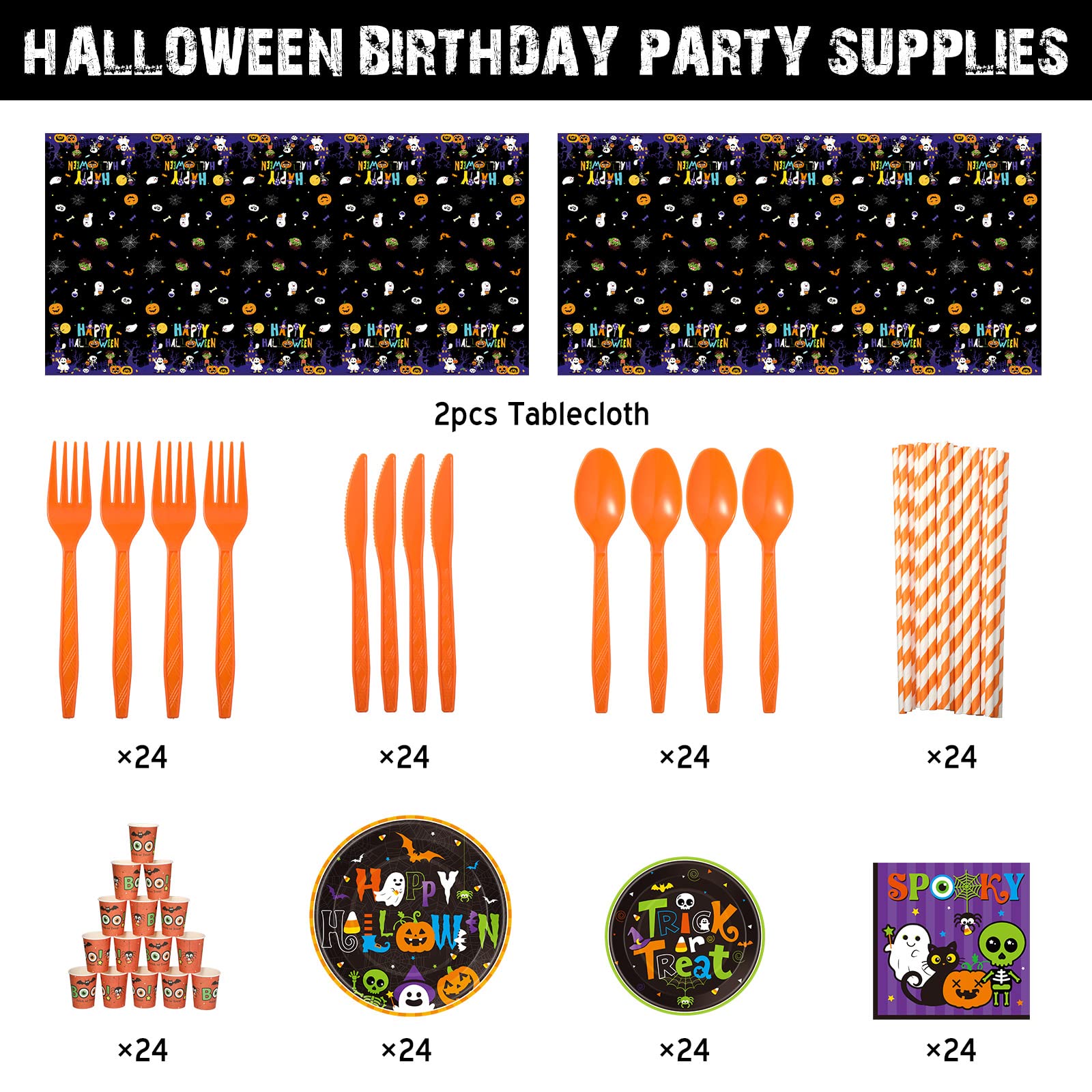 Halloween Birthday Party Supplies Set For 25 Guests - Disposable Plates, Napkins, Cups, Cutlery With Spooky Designs - View #5