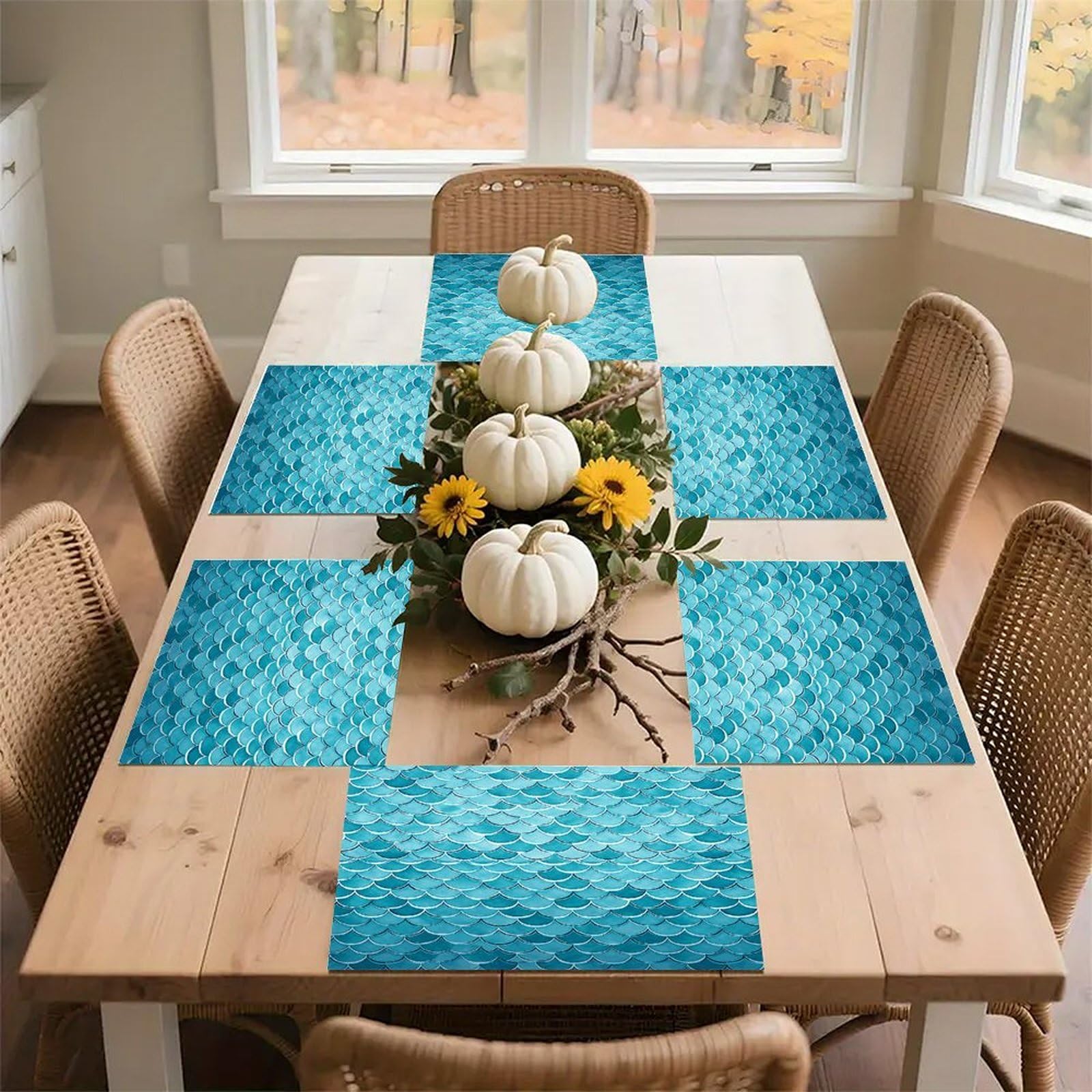 Blue Waves Squama Mermaid Scale Placemats Non-Slip Heat Resistant Table Mats Flax Washable Cloth Place Mats Easy to Clean Premium Placemat for Kitchen Dining Table Decor Party Outdoor