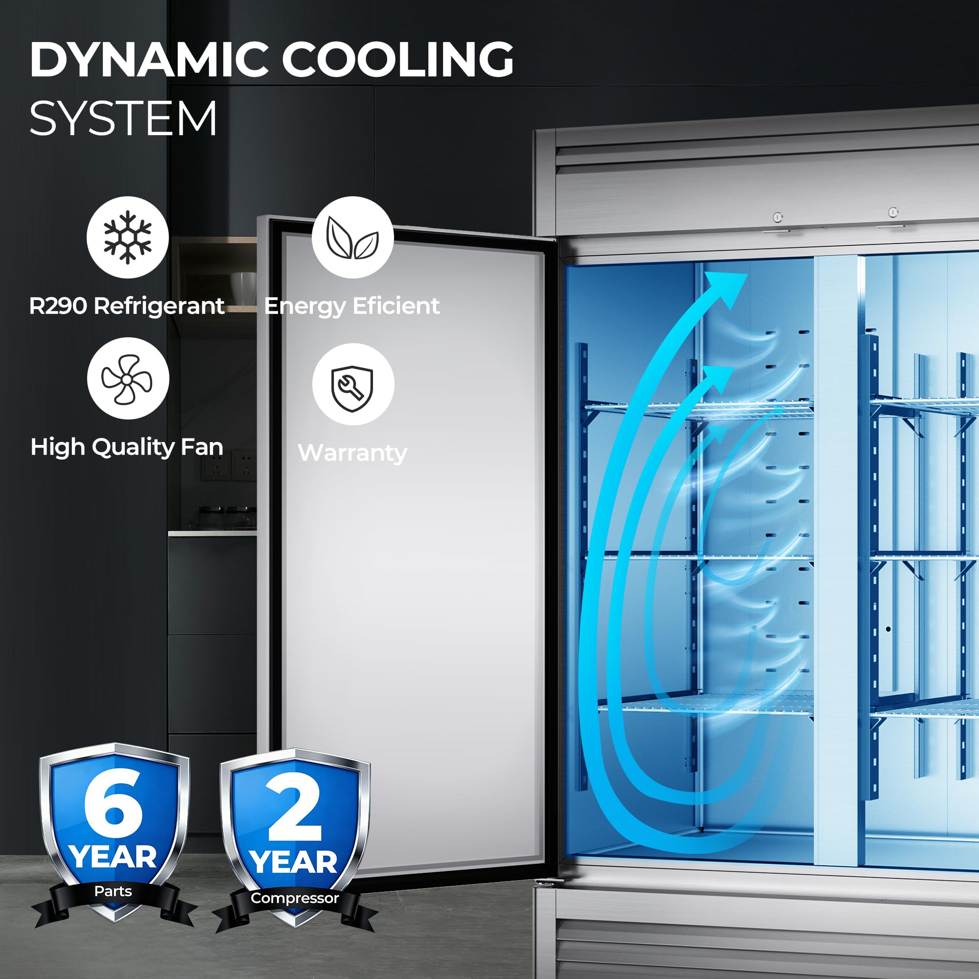 Coolake 82" Width Commercial Refrigerator 3 Solid Doors, 72 Cu.Ft Stainless Steel Reach-In Upright Fridge With LED Lighting, Fan Cooling Refrigerator For Restaurant Café Hotel Kitchen Prep Area on Fridge.com - View 4