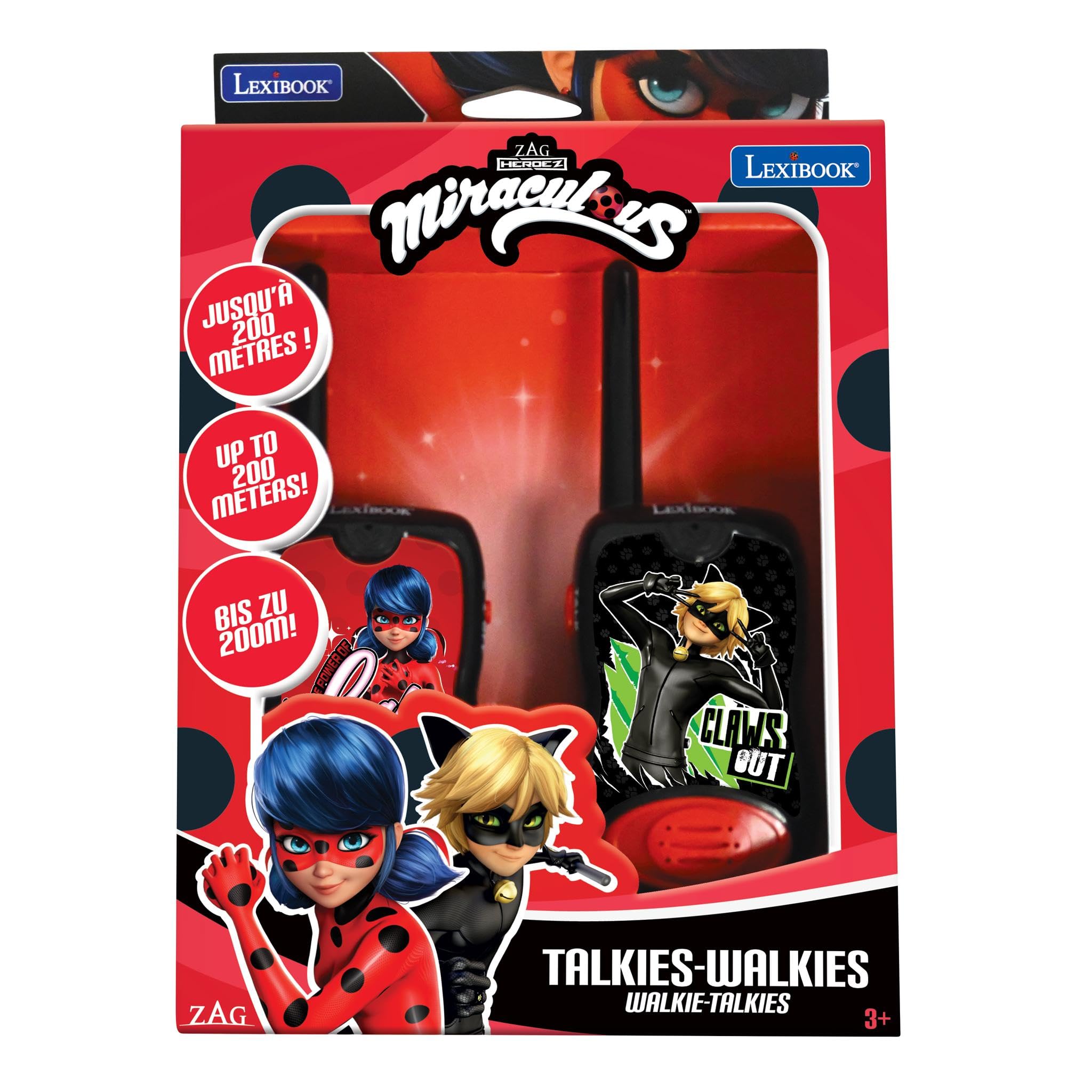 Lexibook - Miraculous Walkie Talkies 200m, Set di Comunicazione per Bambini, 2 canali di Comunicazione, Clip da Cintura, Nero/Rosso, TW12MILXB