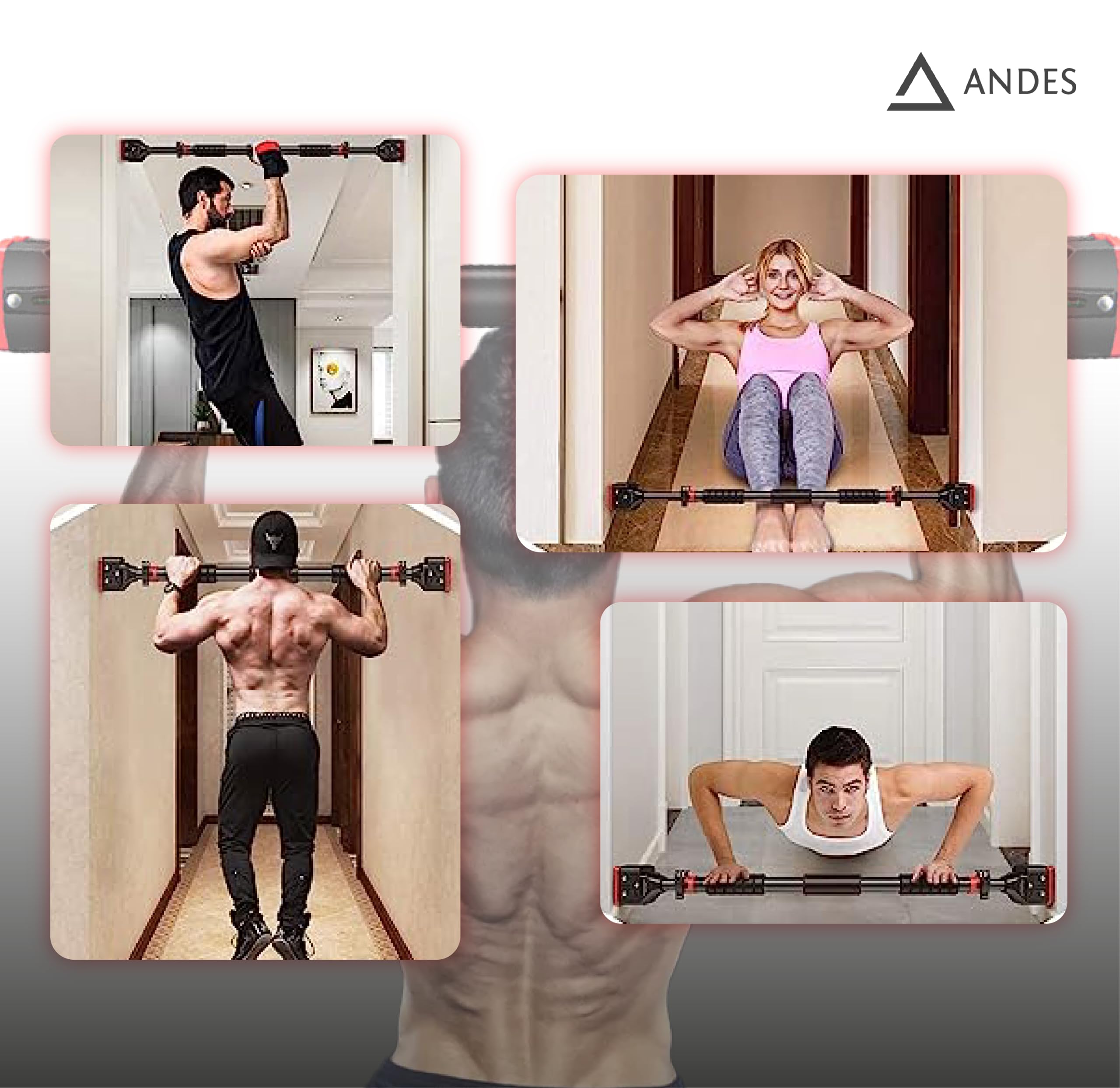 Andes Barra de Dominadas, Barra de Puertas Ajustable de 70 a 95 cm, Antideslizante y soporta 200 kg. Ideal TRX y entrenamiento en casa. Incluye video tutorial paso a paso, instalación rápida y segura