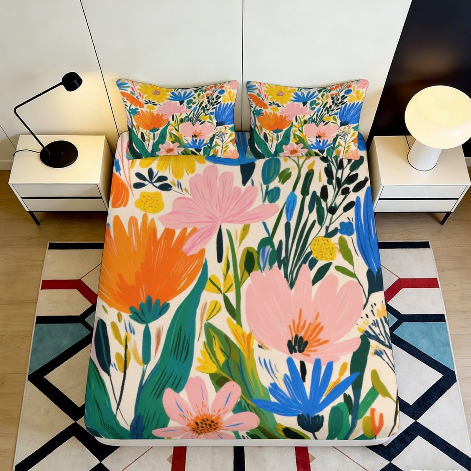 3D Printed Colorful Floral Fitted Sheet Microfiber Soft Breathable Abstract Botanical Mattress Cover for Bedroom Guest Room 120x200x25cm