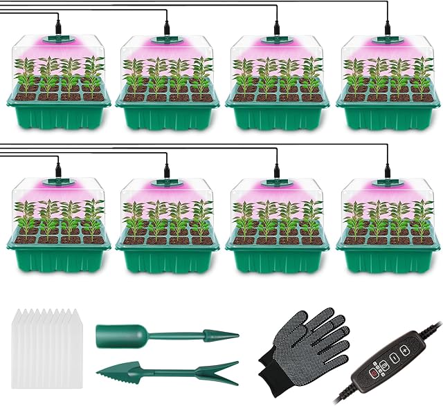 flintronic Szklarnia pokojowa, skrzynka do uprawy, 8 sztuk, 96 komórek, mini szklarnia, zestaw z kontrolerem timera, regulowana jasność, rozrusznik sadzonek z pokrywą i wentylacją