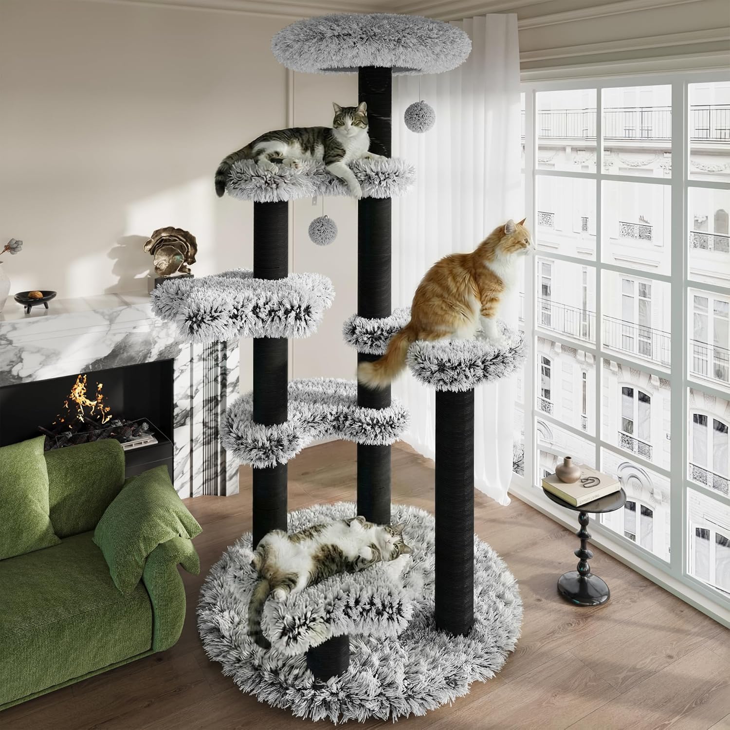SHA CERLIN 61.5in Cat Tree Tower, Multi-Level Activity Center with Cozy Perch, Star-Shaped Platform, Moon Jumping Board, Sisal Scratching Posts, Hanging Toy Balls for Indoor Feline, Black and White