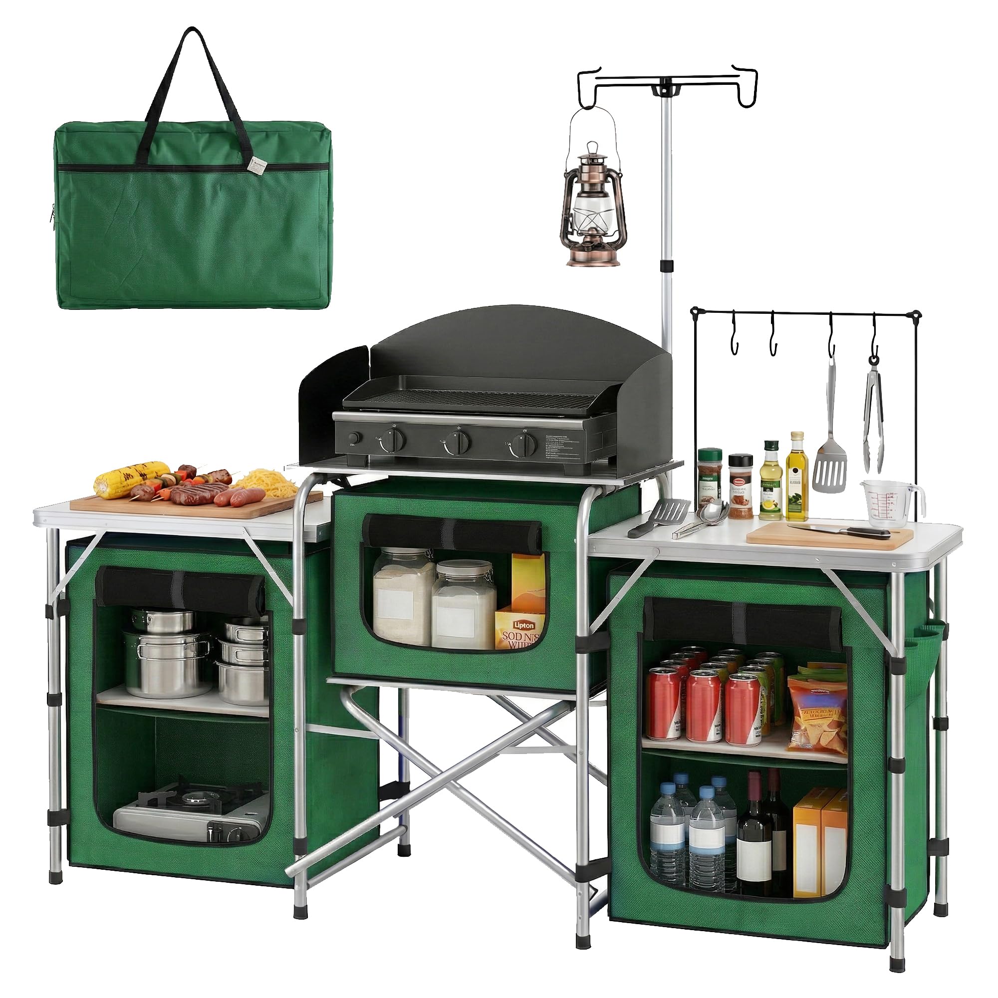 Outsunny Mueble Cocina Camping Armario Camping Plegable con Mesas Armarios Ganchos Estructura de Aluminio Poste de Luz Ajustable Paravientos y Bolsa de Transporte para Acampada 172x48x130 cm Verde