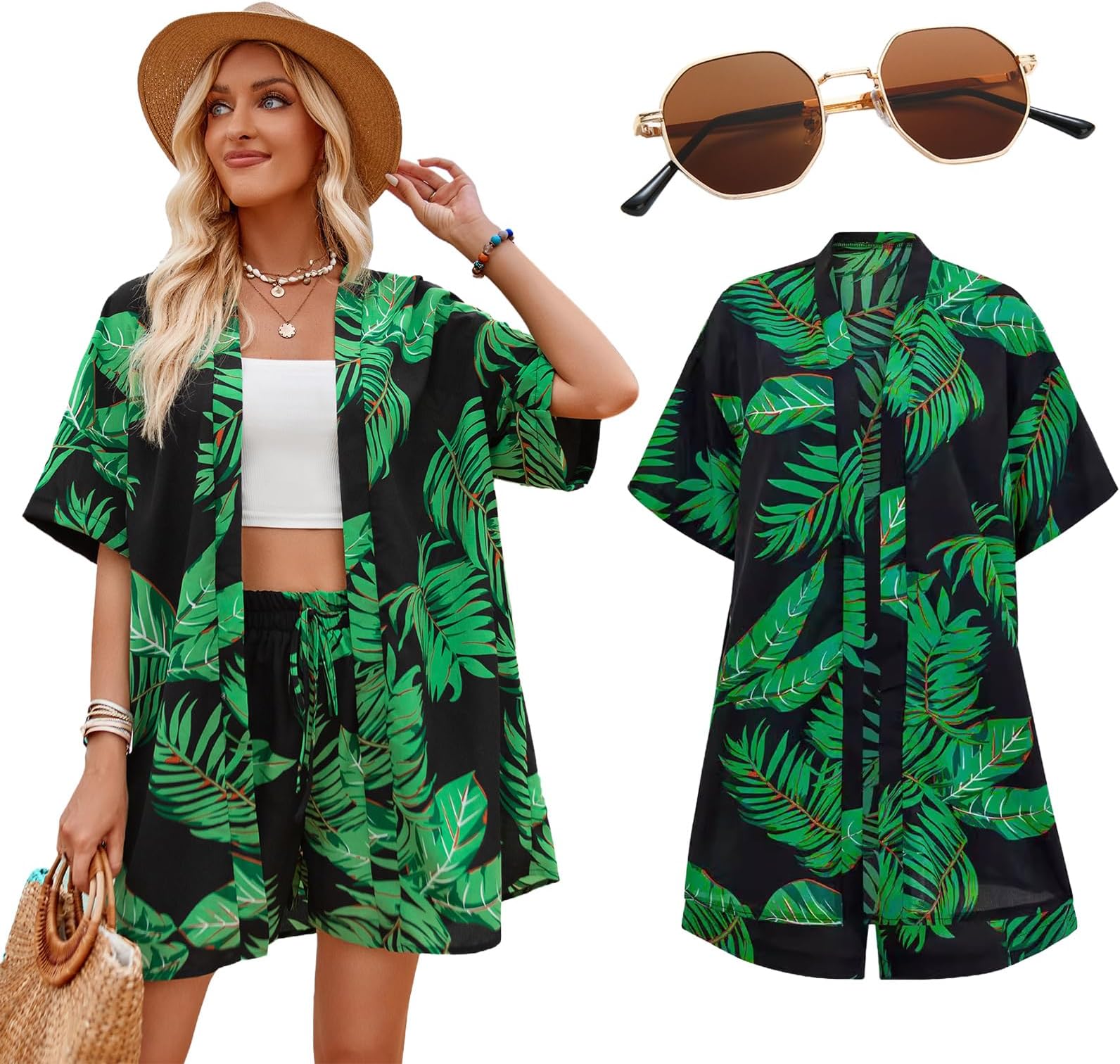 Hawaiian Shirts for Women, Women's Hawaiian Shirt and Shorts Button Down Short Sleeve Outfits Sunglasses Tropical Summer Beach Holiday Party Fancy Dress