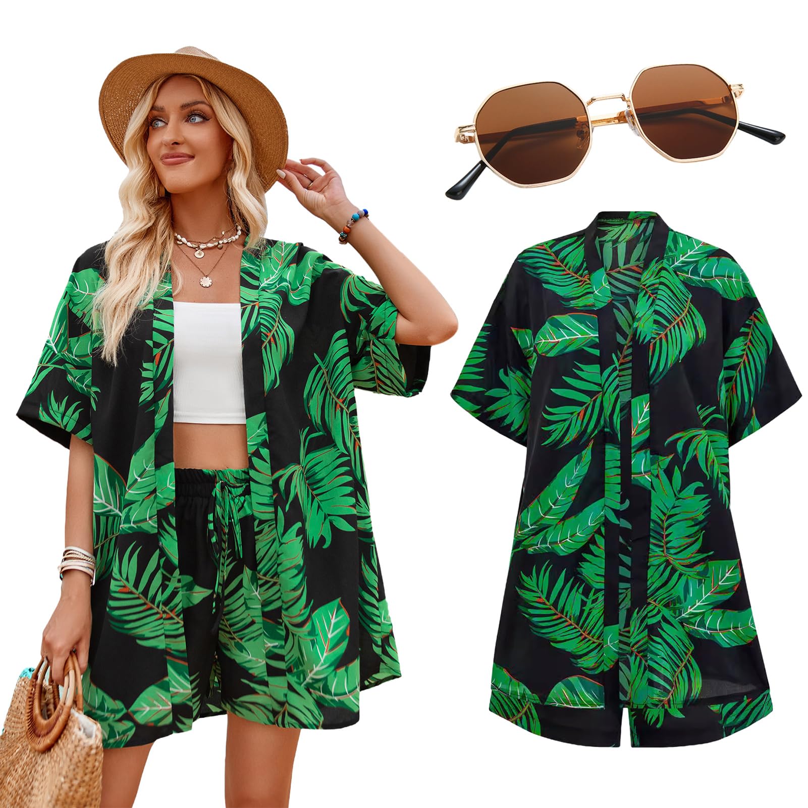 Damskie hawajskie stroje na imprezę, lato, wakacje, fantazyjna koszula i szorty, zestaw, tropikalna plaża, na co dzień, Aloha, garnitury z krótkim rękawem, okulary przeciwsłoneczne