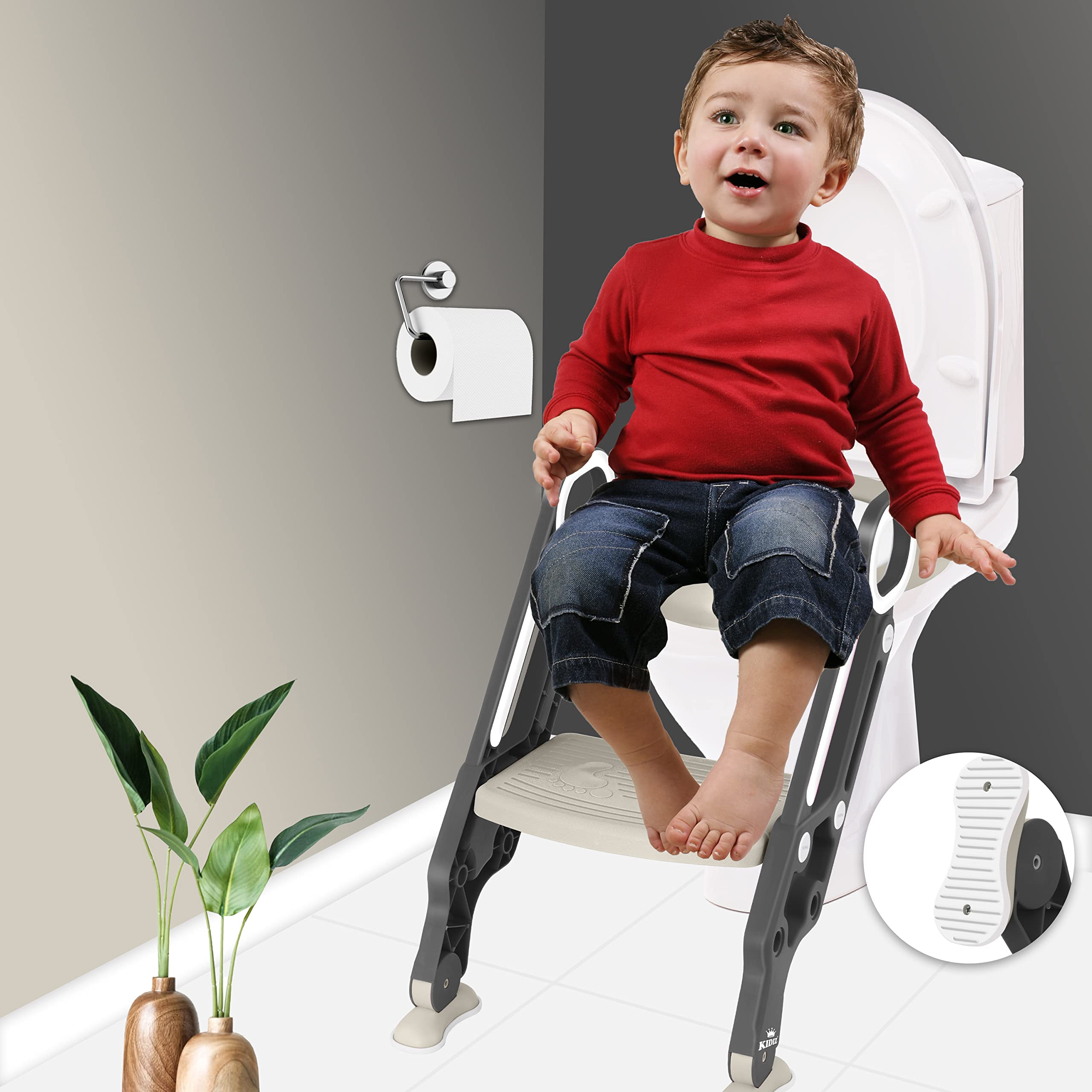 KIDIZ® Kinder Toilettensitz Toilettentrainer mit Treppe und Griffe Faltbar Kindertoilette WC Sitz Töpfchentrainer Lerntöpfchen bequemem Kissen und breiten Stufen Toilettentreppe höhenverstellbar Grau