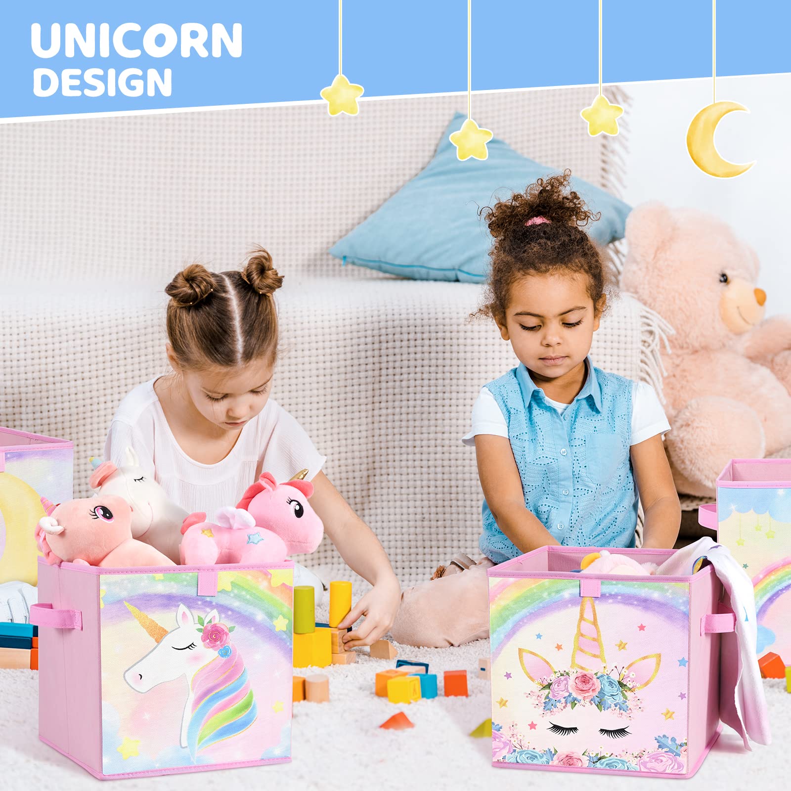 WERNNSAI Aufbewahrungsbox für kinder– 4er Pack Einhorn Faltbare Aufbewahrungswürfel aus Stoff und Mädchen 28cm Rosa Dekorative Aufbewahrungskörbe mit Griffen Schrank Kinderzimmer Schlafzimmer