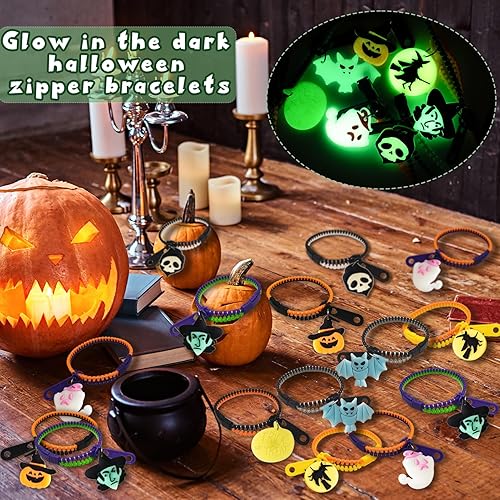 Miniatura 5 de kockuu 21 pulseras de Halloween con cremallera para niños pequeños, pulseras de golosinas de Halloween que brillan en la oscuridad, recuerdos de