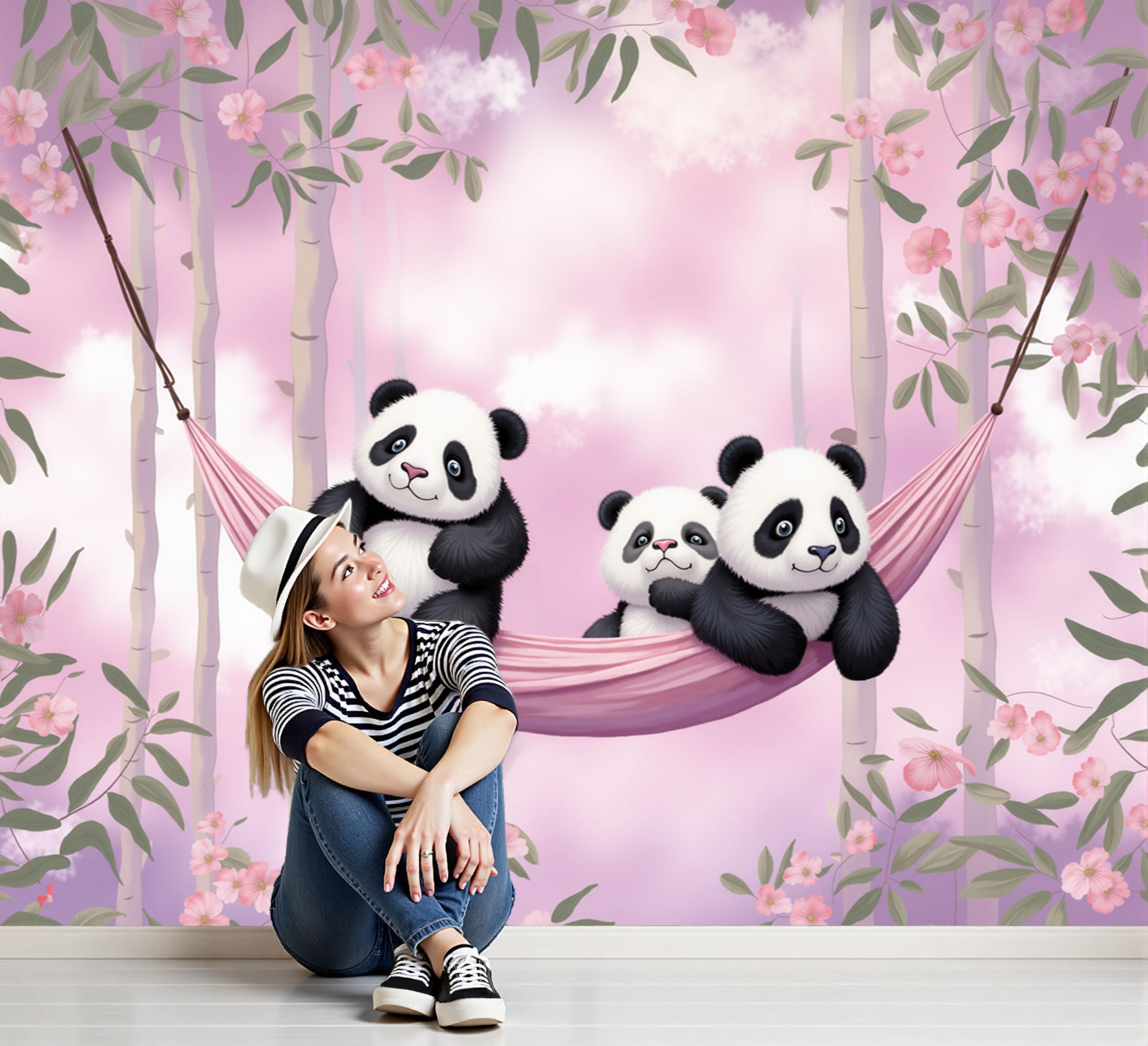 Carta da Parati no Adesiva Muro Fiori e nuvole Carta da Parati Camera da Letto Panda animale per Home DIY Decoration Wall no Adesiva rosa Muro 350x256cm