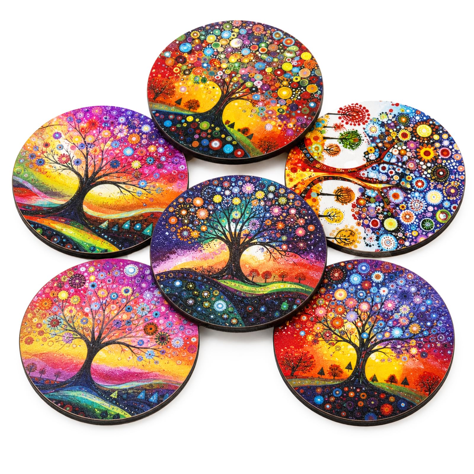 6Pcs Tree of Life Wooden Coaster Set, Heat-Insulating & Non-Slip