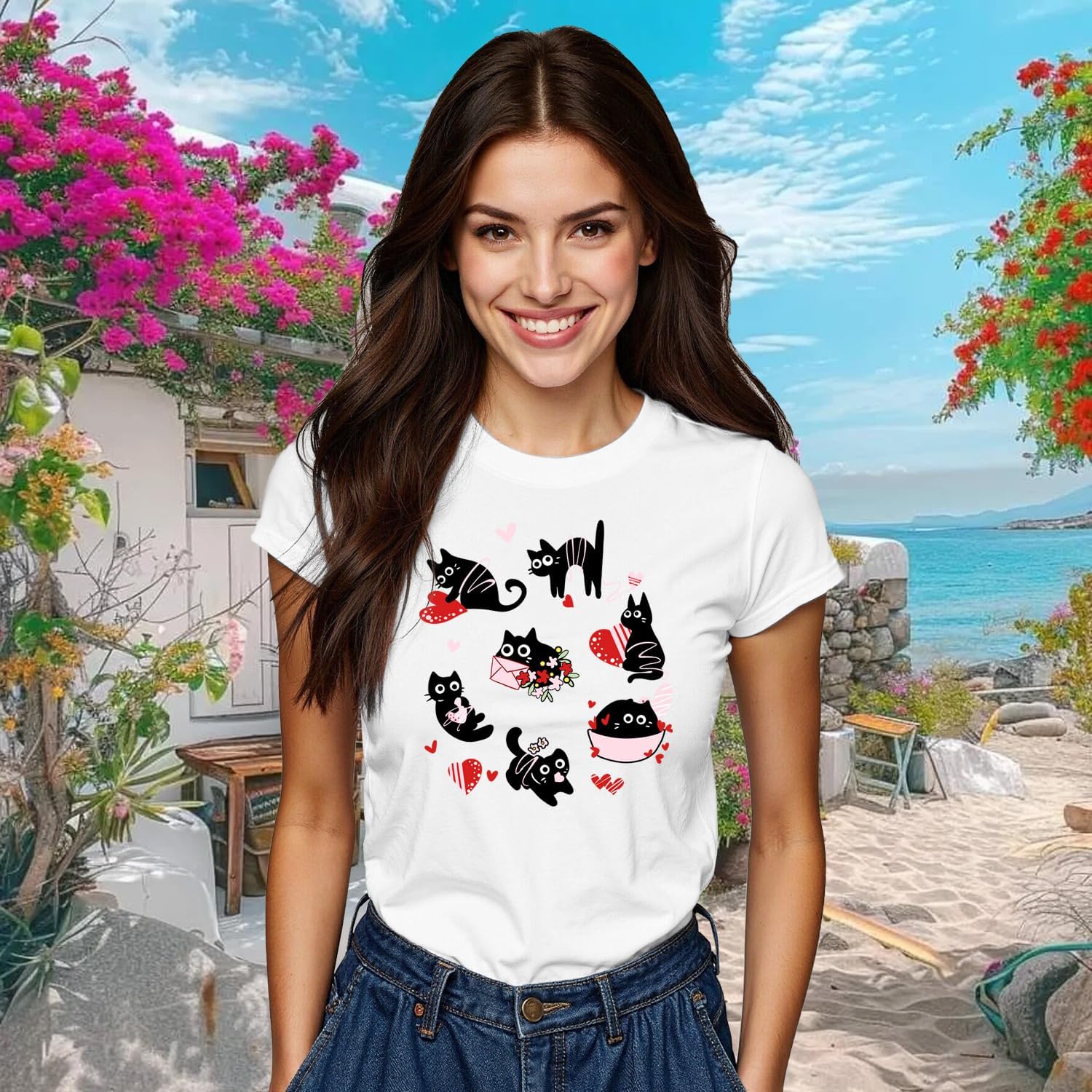 Women's Valentine's Day Shirt Cat Valentine Black Cat T-Shirts Love Heart Lover Girlfriend Tee Tops - Image 4