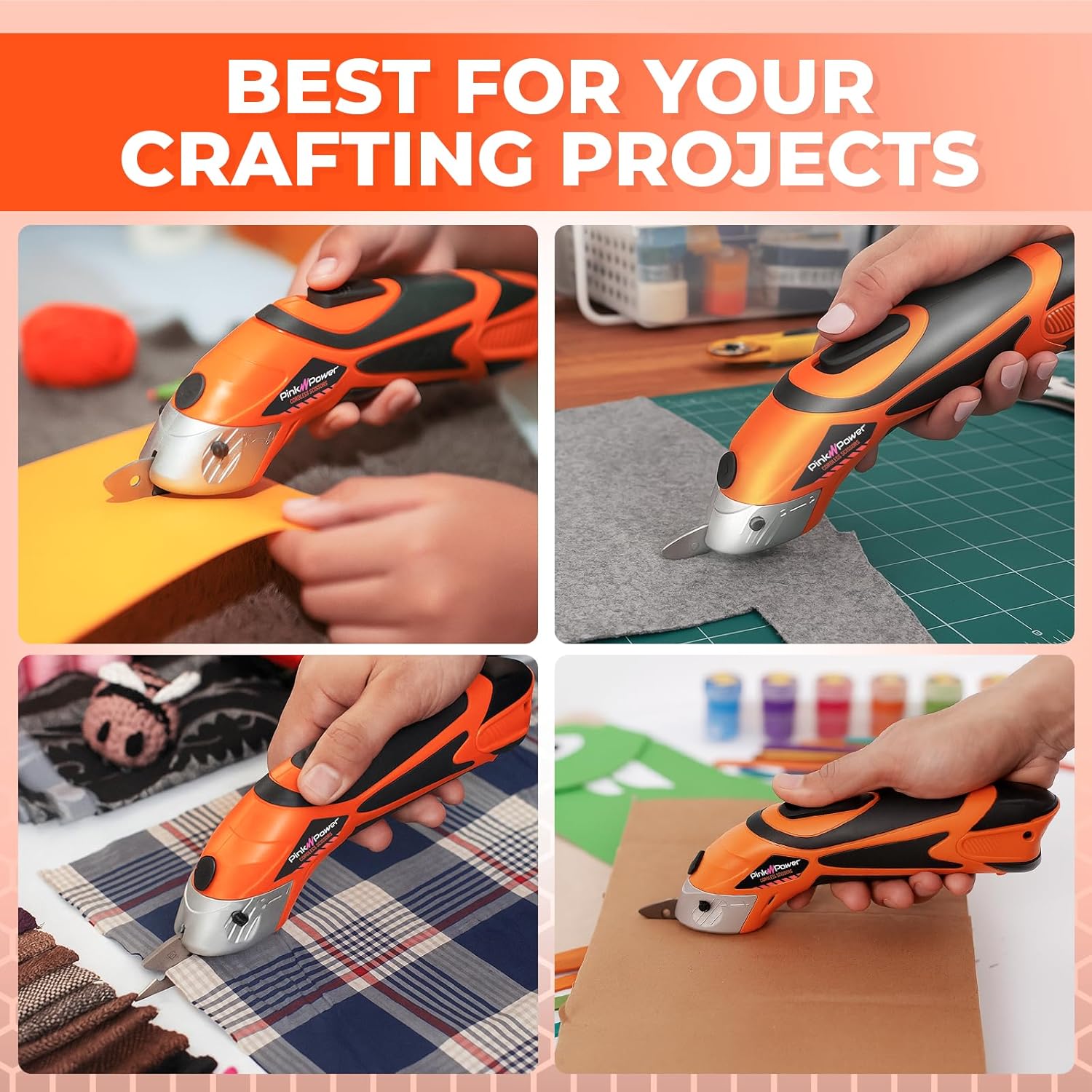 Pink Power Electric Fabric Scissors Box Cutter for Crafts, Sewing, Cardboard, Carpet, & Scrapbooking - Heavy Duty Professional Shears Cutting Tool - Automatic Cordless Scissors Fabric Cutter (Orange)