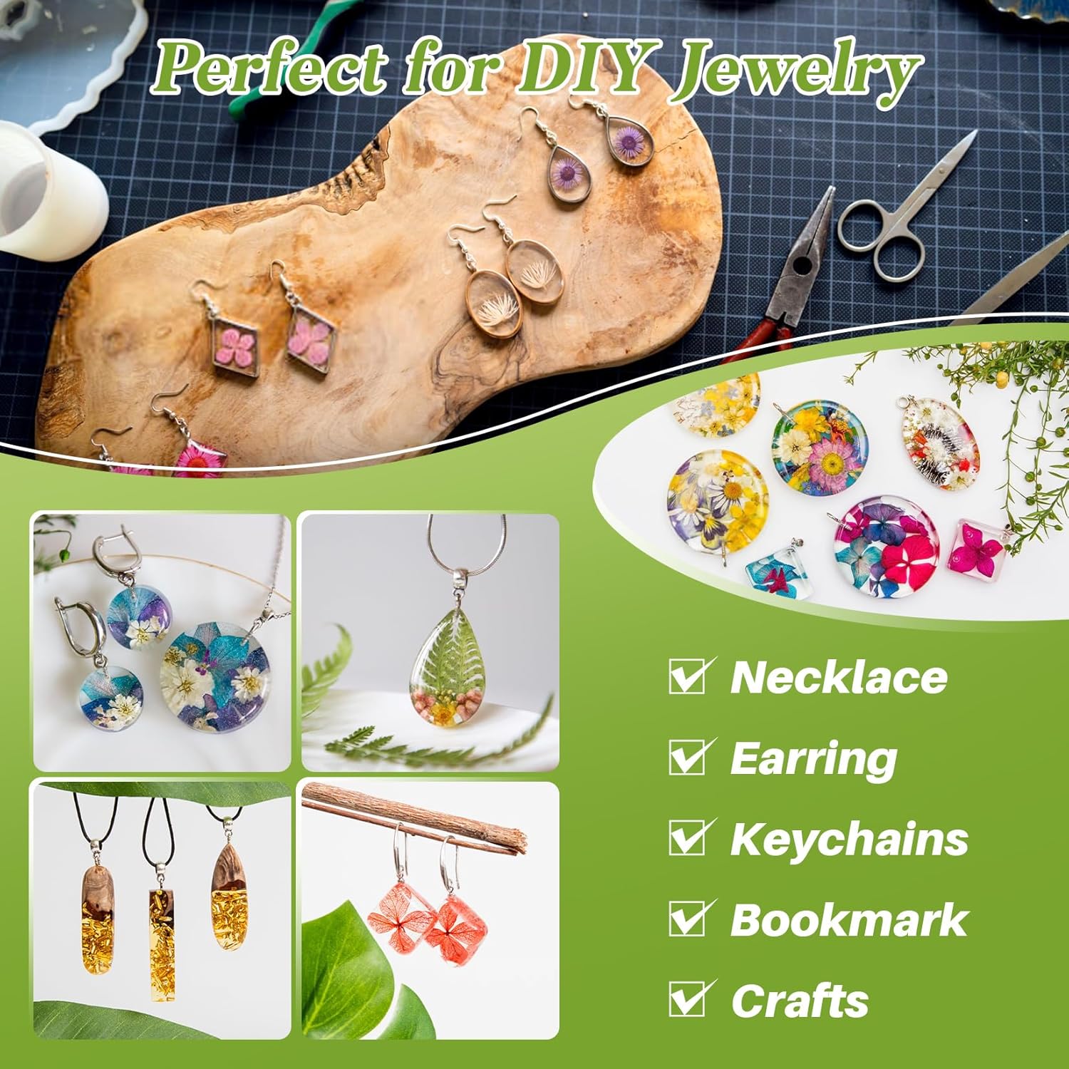 Resin Jewelry Molds - Silicone Molds for Epoxy Resin, Reusable Casting Tray with Hole, Resin Mold for DIY Jewelry, Pendant, Earring, Necklace, Bookmark, Keychain Making Kit, Assorted Shapes - Image 2