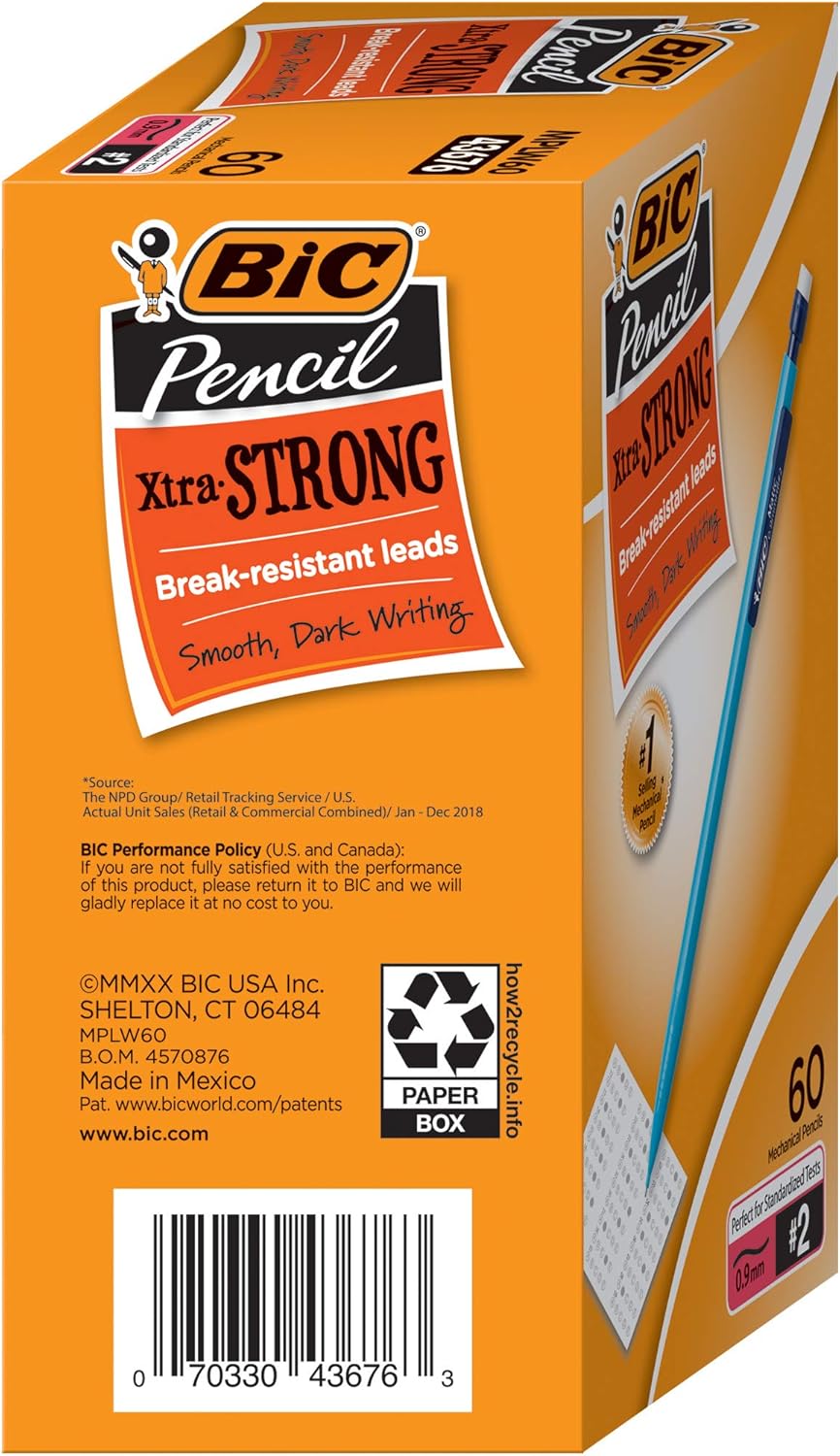 BIC Xtra-Strong Mechanical Pencil, 2 Lead, No Smudge, Colorful Barrel, Thick Point (0.9mm), Assorted Colors, 60-Count : Office Products