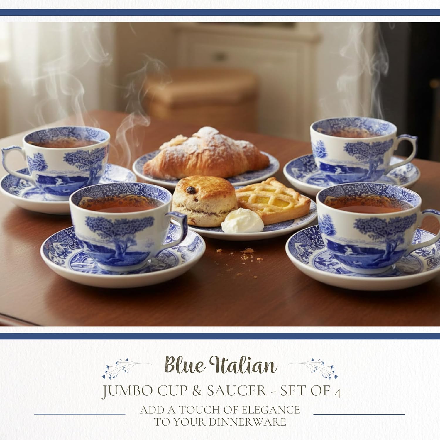 Spode Blue Italian Teacup and Saucer | Set of 4 Jumbo Mugs | Coffee Mug | 20 Ounce Cup for Tea, Lattes, Espressos, and Hot Beverages | Blue and White | Dishwasher Safe