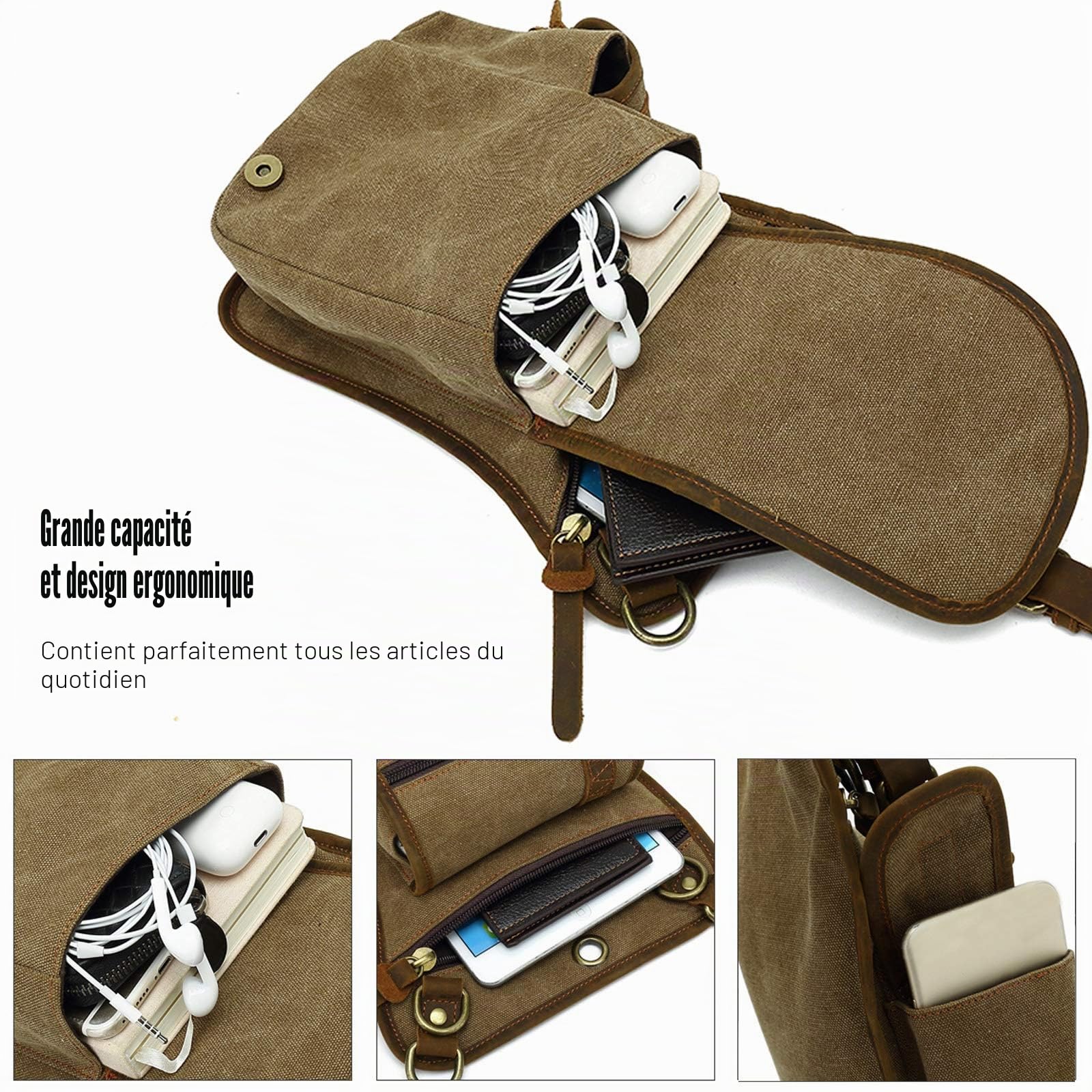 FANDARE Sac de Poitrine Sac à la Taille Sac de Jambe Sac Bandoulière Homme Femme Sac de Voyage Sling Bag Toile Sac d'Epaule Sacoche pour Randonnée Université École Cyclisme Camping Daypack