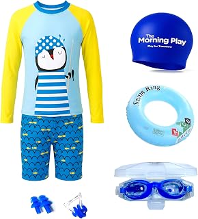 THE MORNING PLAY Boys Swimsuit Set with Full Sleeve T-Shirt & Long Shorts, Swim Cap, Goggles, Ring, Ear Plugs, Navy Blue, Price In India