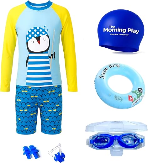 THE MORNING PLAY Boys Swimsuit Set with Full Sleeve T-Shirt &amp; Long Shorts, Swim Cap, Goggles, Ring, Ear Plugs, Navy Blue, ...