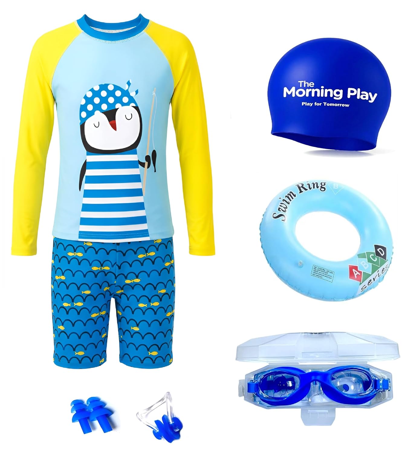 THE MORNING PLAY Boys Swimsuit Set with Full Sleeve T-Shirt & Long Shorts, Swim Cap, Goggles, Ring, Ear Plugs, Navy Blue, ... - Review, Price and Buying Guide