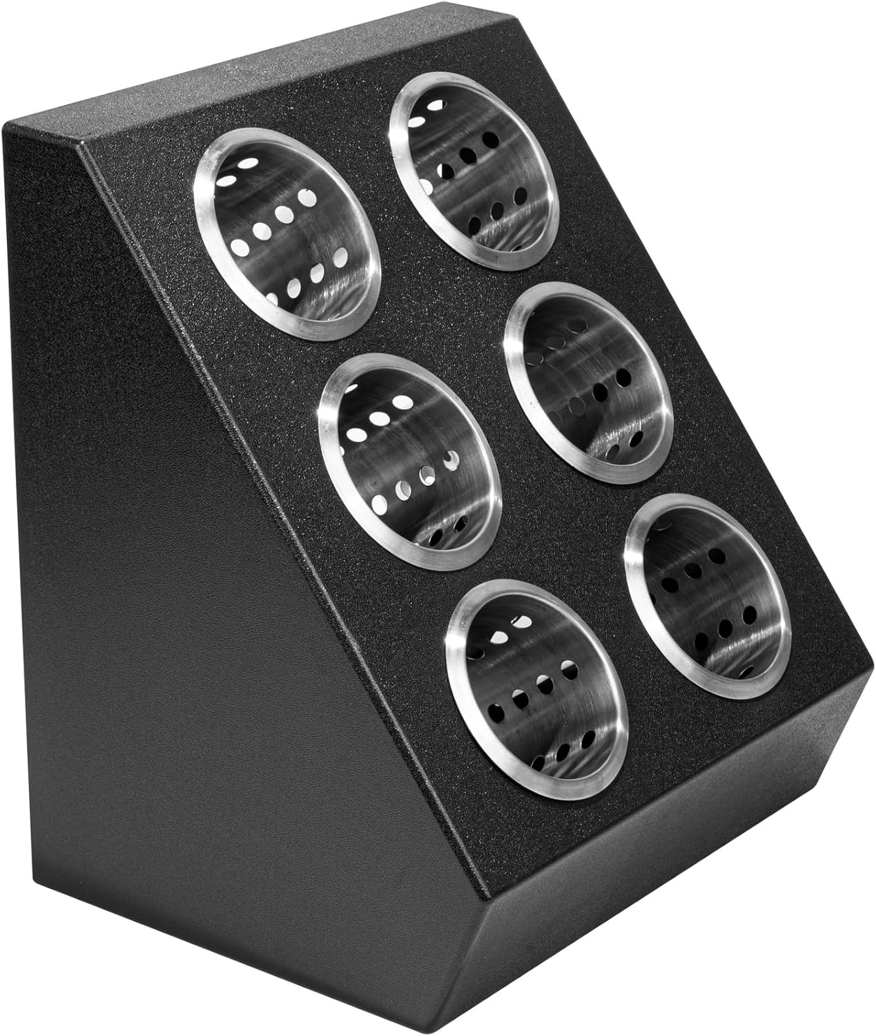 Restaurantware-Met Lux 13.78 x 11.42 x 15.94 Inch Flatware Organizer, 1 Standing Cutlery Holder - Includes 6 Stainless Steel Cylinders, Perforated Design, Black Plastic Utensil Holder, For Breakroom