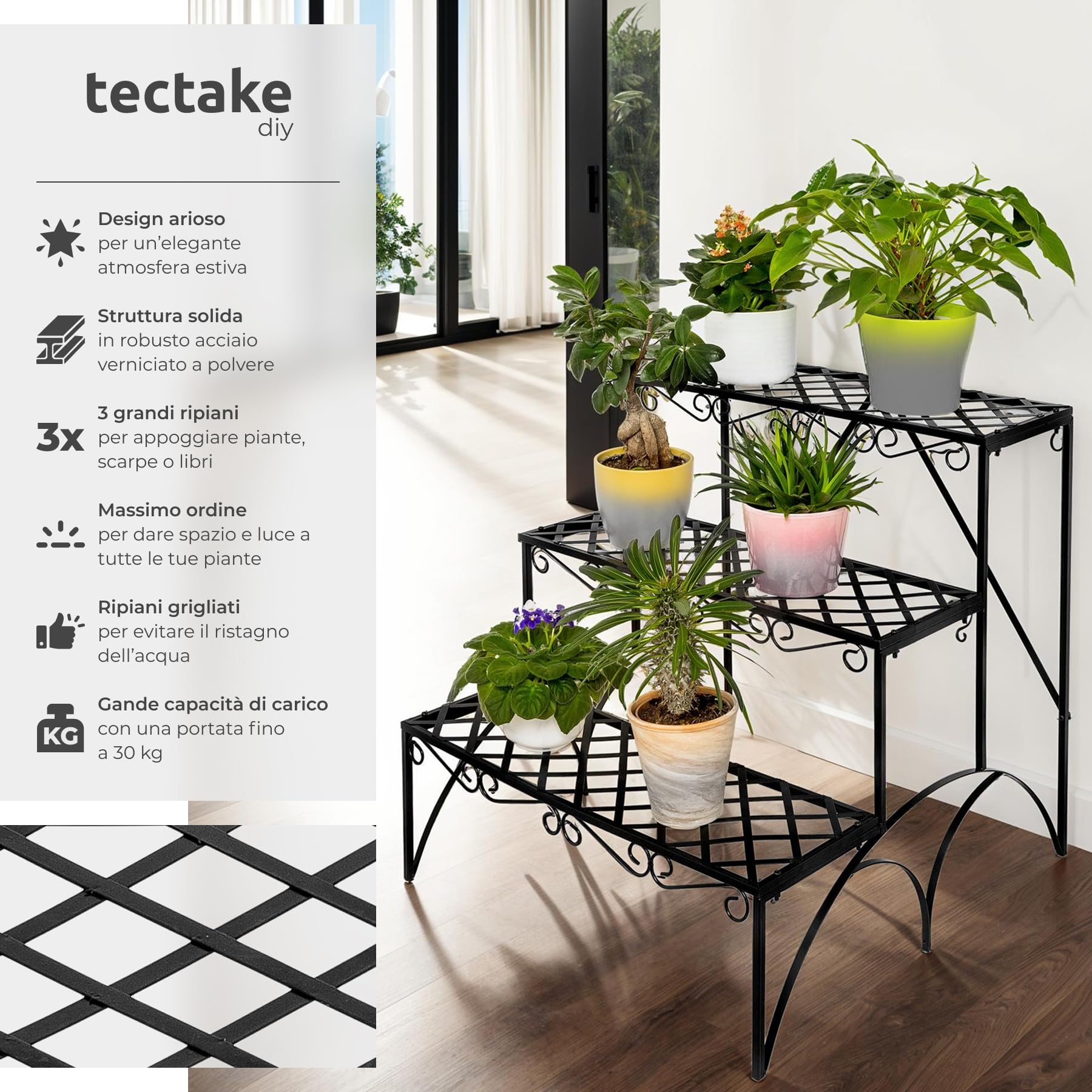 tectake® Fioriera Portavasi, Scala a 3 Gradini, Supporto per Piante, Struttura in Ferro, Decorativa da Esterno, Arredamento Balcone, 60x60x60 cm, Portata 30 kg