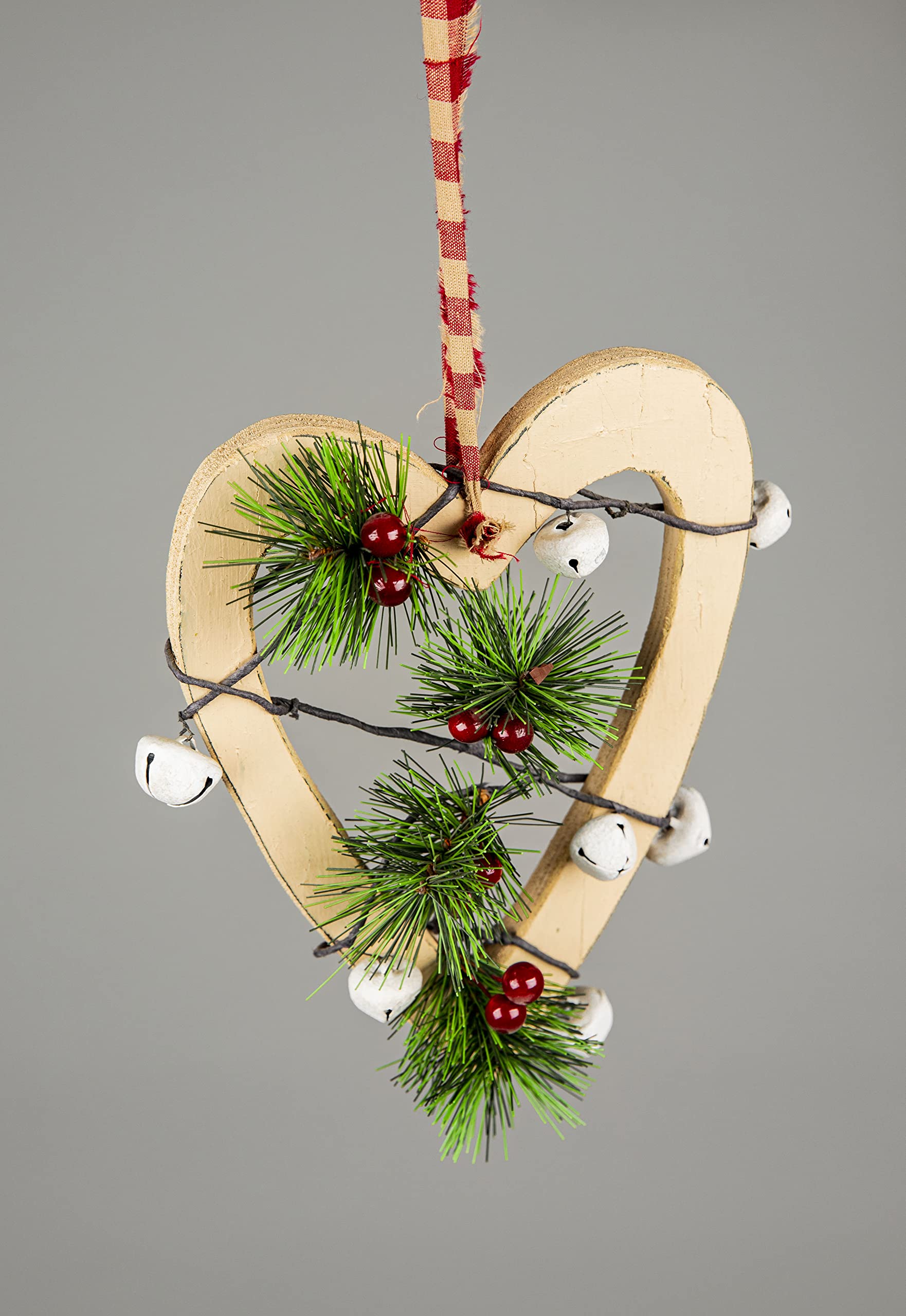 23cm Cream Wooden Heart Wall Hanging Ornament Decorated with White Bells Berries and Pines Christmas Holiday Home Decorations