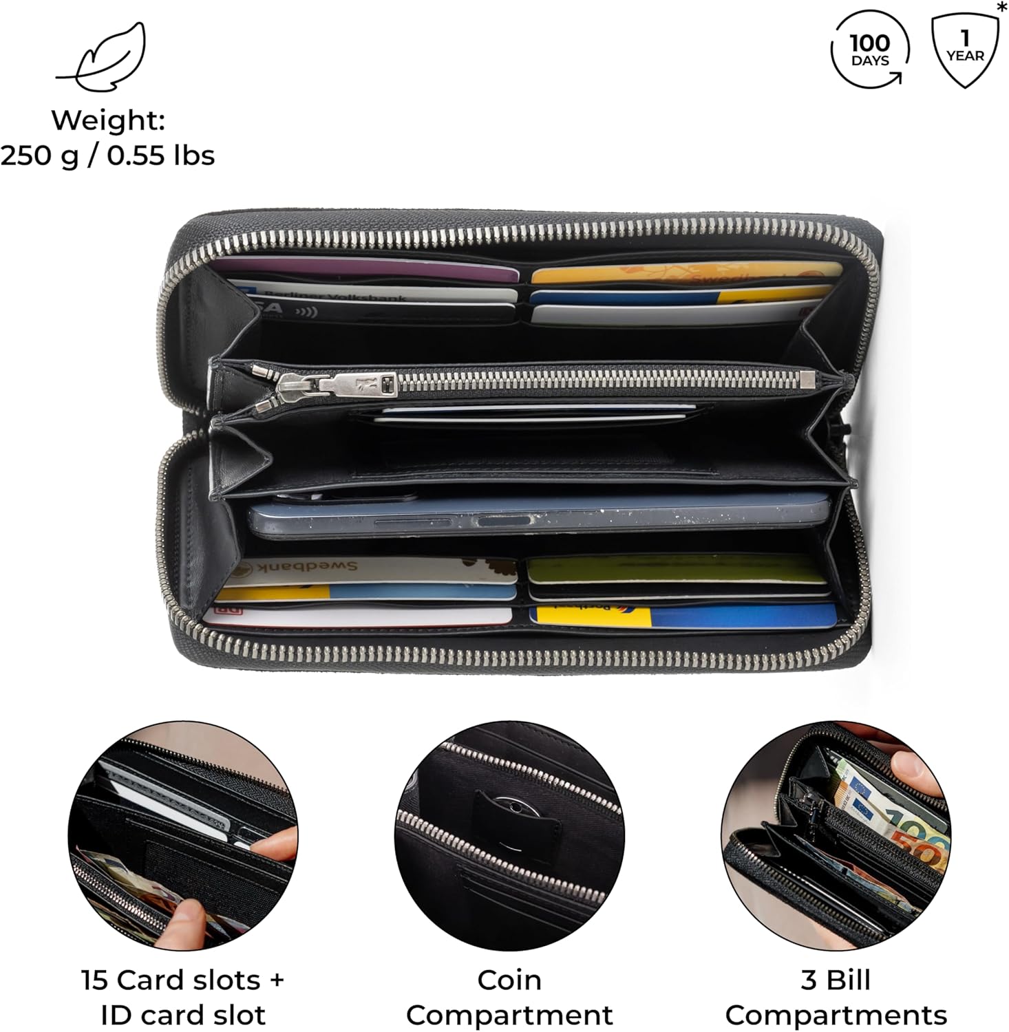 BERLINER BAGS Premium Genuine Leather Wallet Lyon, RFID Blocking Credit Card Holder, Clutch Purses for Women, Zip Around Wallet for 15 Cards and ID window, Bills, Coins - Black - Image 4