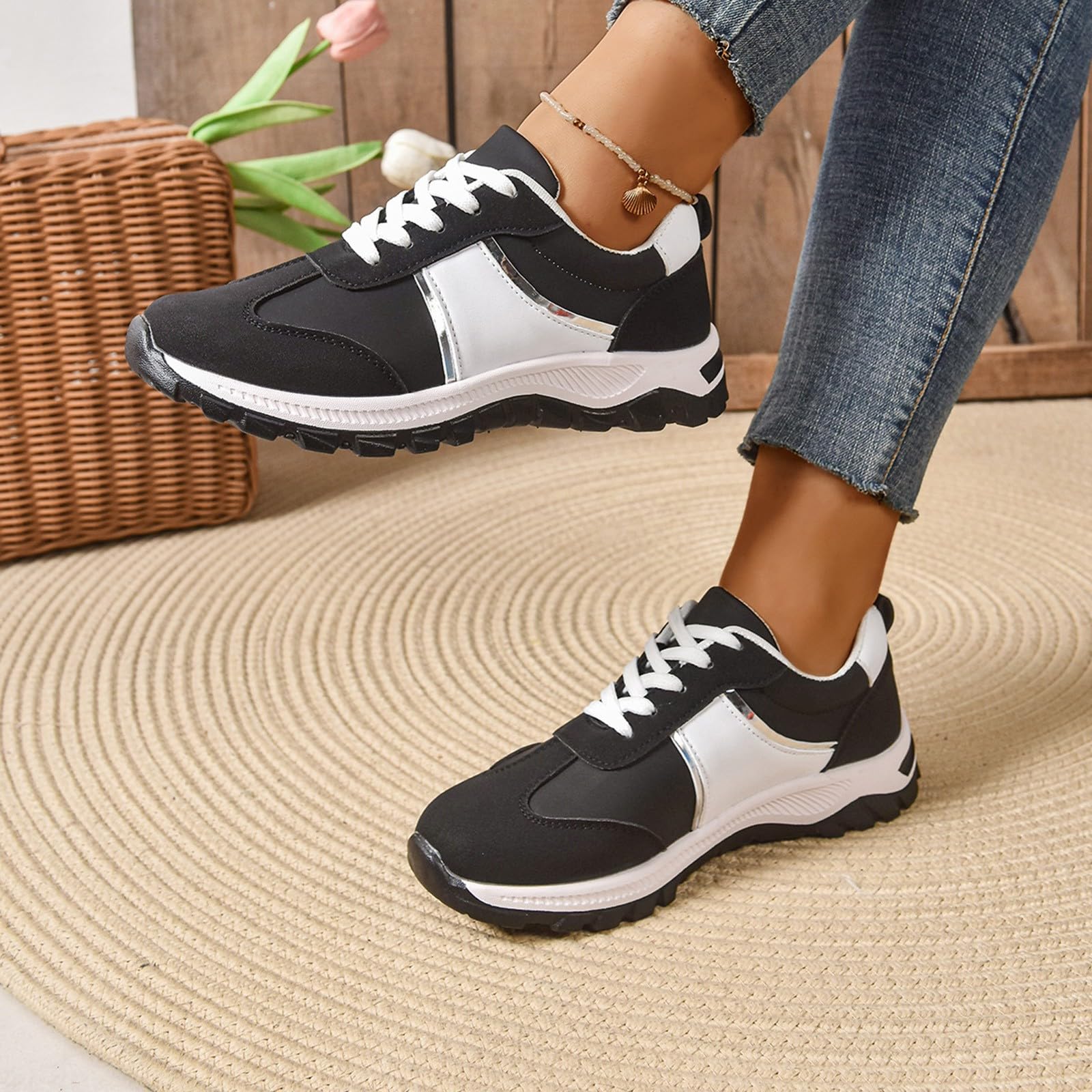 Zapatillas de correr para mujer, extraanchas, con plataforma y cordones