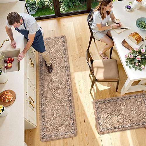 Vista 188 de KIMODE - Juego de 2 tapetes de cocina antifatiga, estilo vintage, antideslizantes, impermeables, ergonómicos, acolchados, cómodos para lavandería