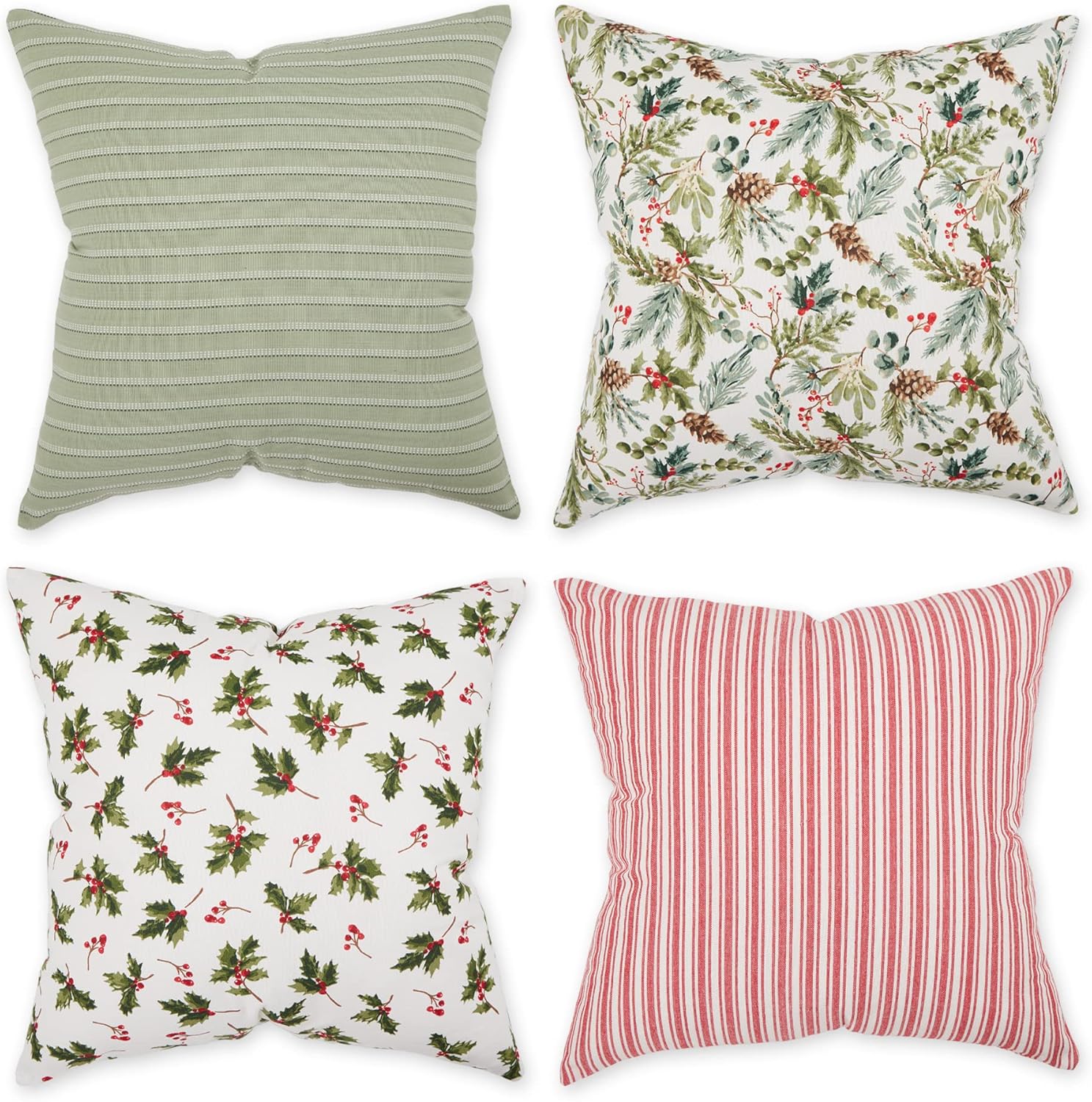 Holiday Holly and Stripe Cotton Euro Pillow Covers Set