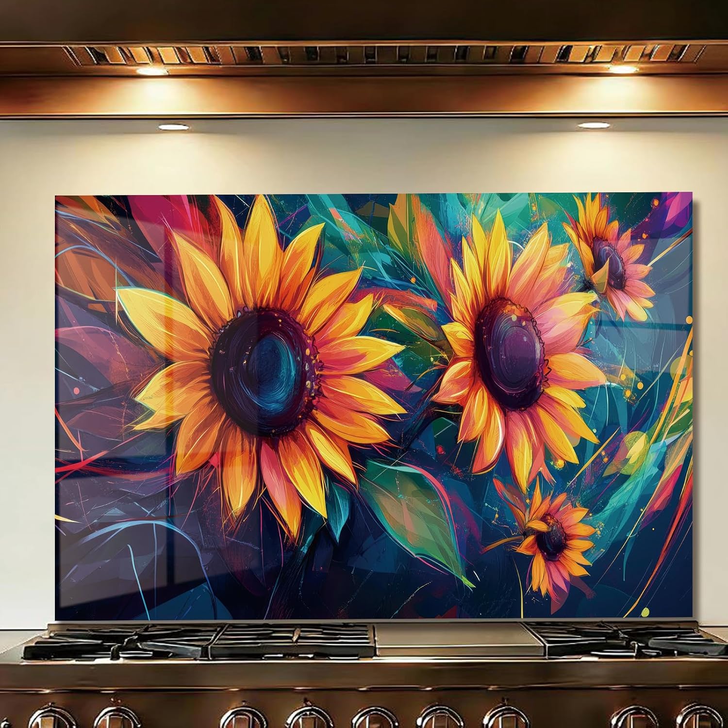 LMSDYSHU Tempered Glass Backsplash for Kitchen,Sunflower, Frameless, Stove Backsplash Protector for Wall,Easy to Clean, Home Decor (Sunflower, 30"x18")