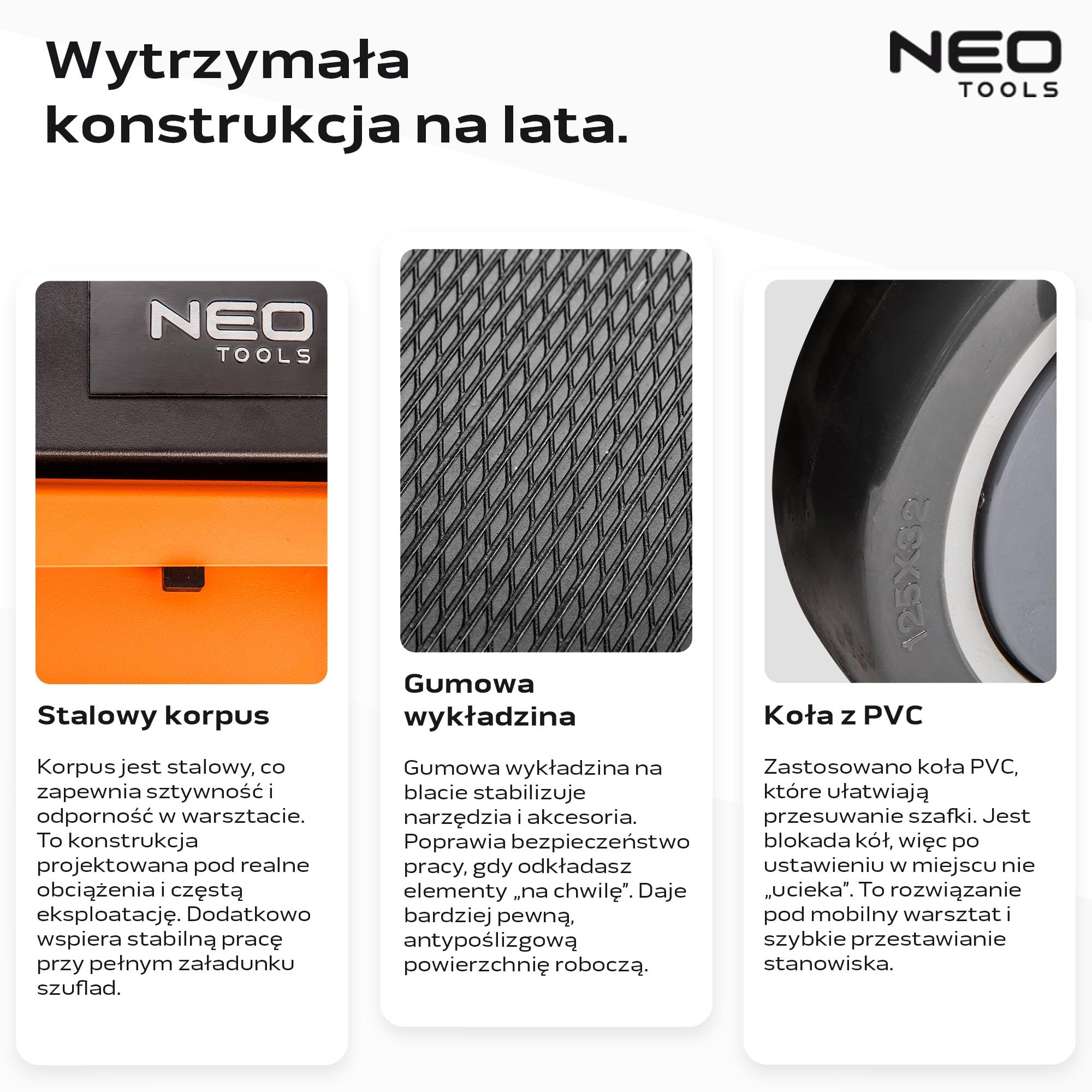 NEO TOOLS Wózek warsztatowy wypełniony narzędziami, 176-częściowy | 7 półek – szuflady z łożyskiem kulkowym – centralnie zamykany – mata antypoślizgowa – kółka obrotowe – hamulec postojowy – wózek