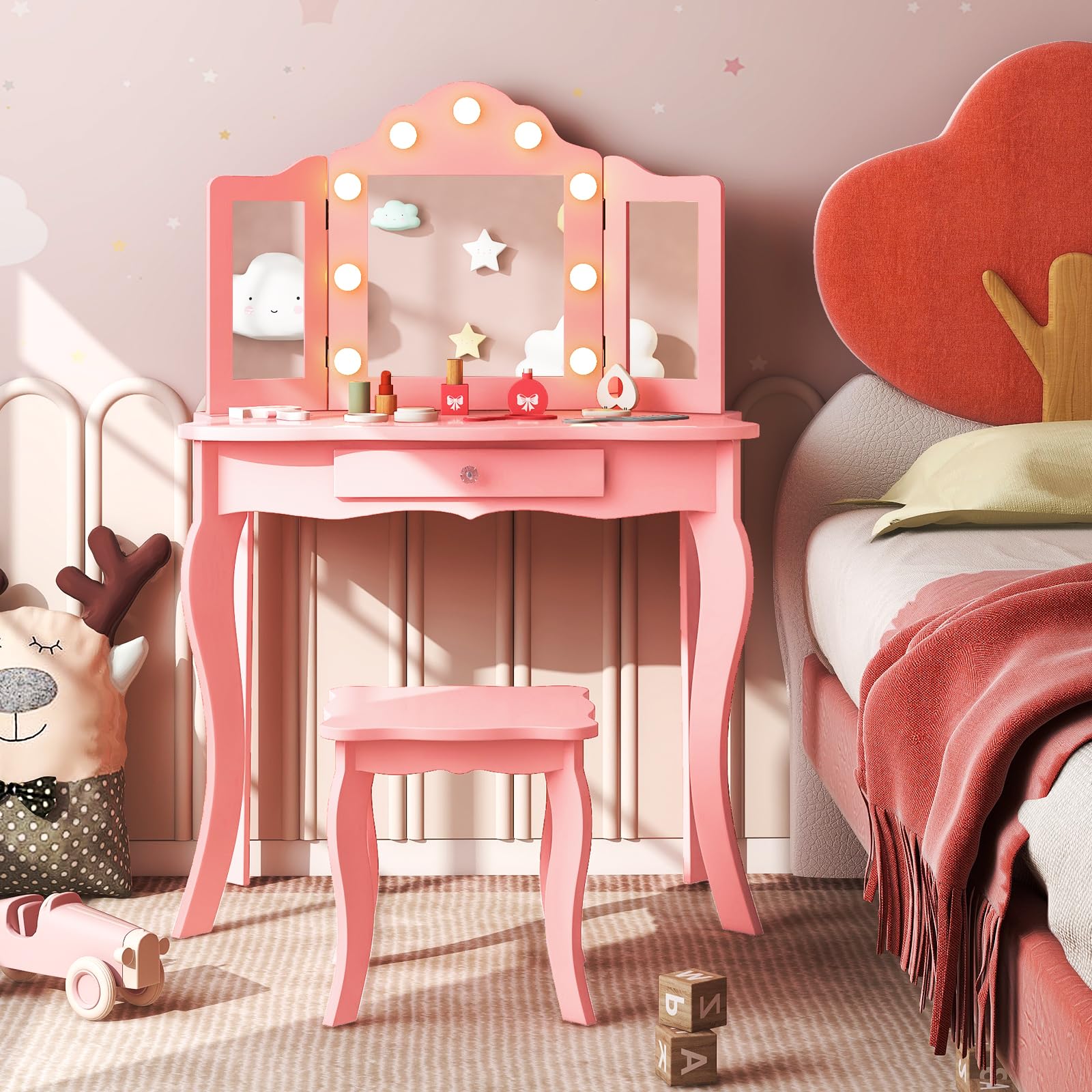 RELAX4LIFE Toeletta Trucco per Bambina con 9 Lampadine LED, 3 Colori di Luci, Specchiera Trucco con Sgabello, Toeletta in Legno, Specchio Rimovibile, per Bambini 3+ Anni (Rosa, L)