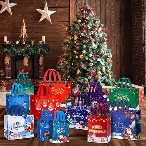 Miniatura 4 de Fayayuan Paquete de 24 bolsas de regalo de Navidad de varios tamaños, bolsas reutilizables que incluyen 4 bolsas extragrandes de 17 pulgadas, 8