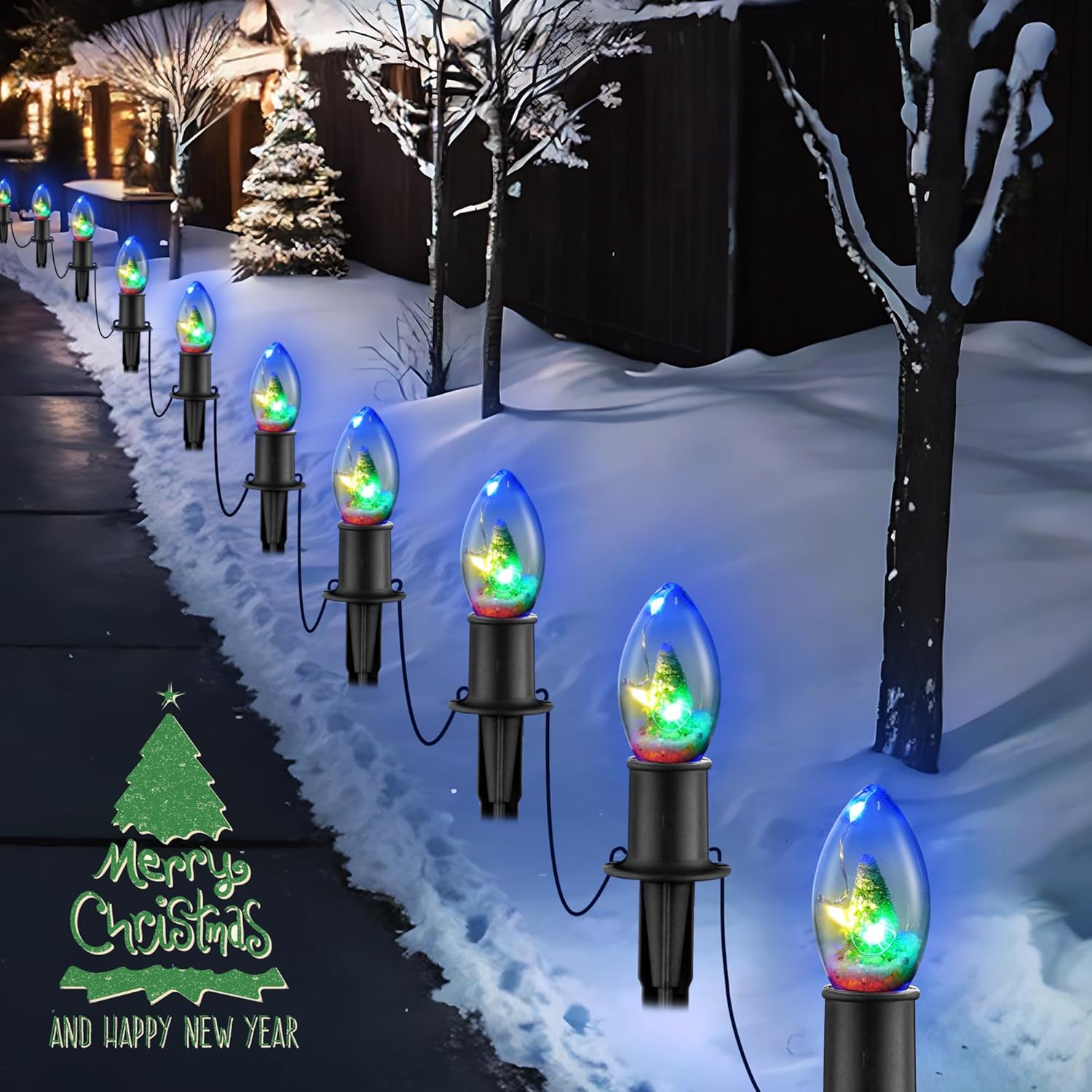 C9 Christmas Pathway String Lights with 20 Christmas Tree Light Bulb Decor- 24.5ft LED Christmas Path Marker Light with 20 Stakes Connectable Outdoor Walkway Lights for Xmas Lawn Yard Garden(20 Light)