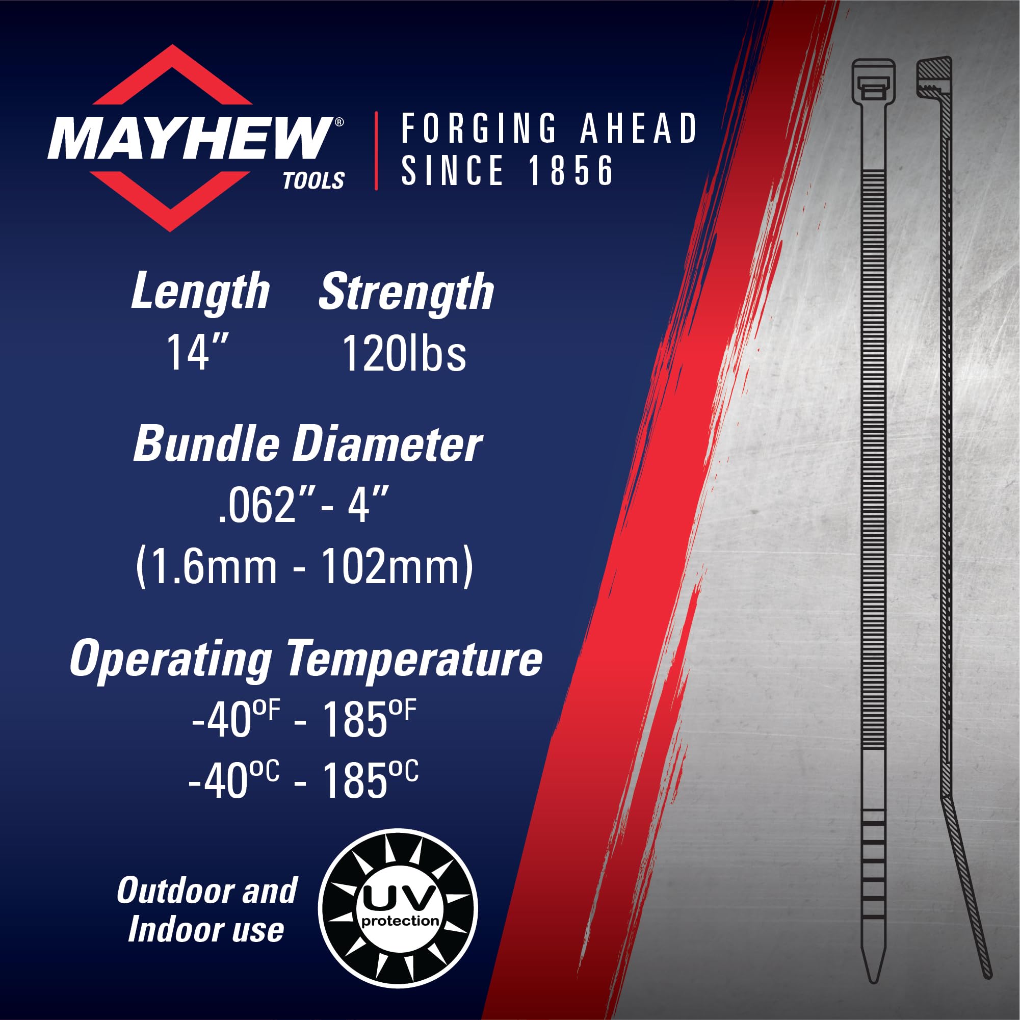 Mayhew MB14-120BLK-C fascetta per cavi, resistenza alla trazione, 14 pollici 54,4 kg, nero UV, 100 pezzi