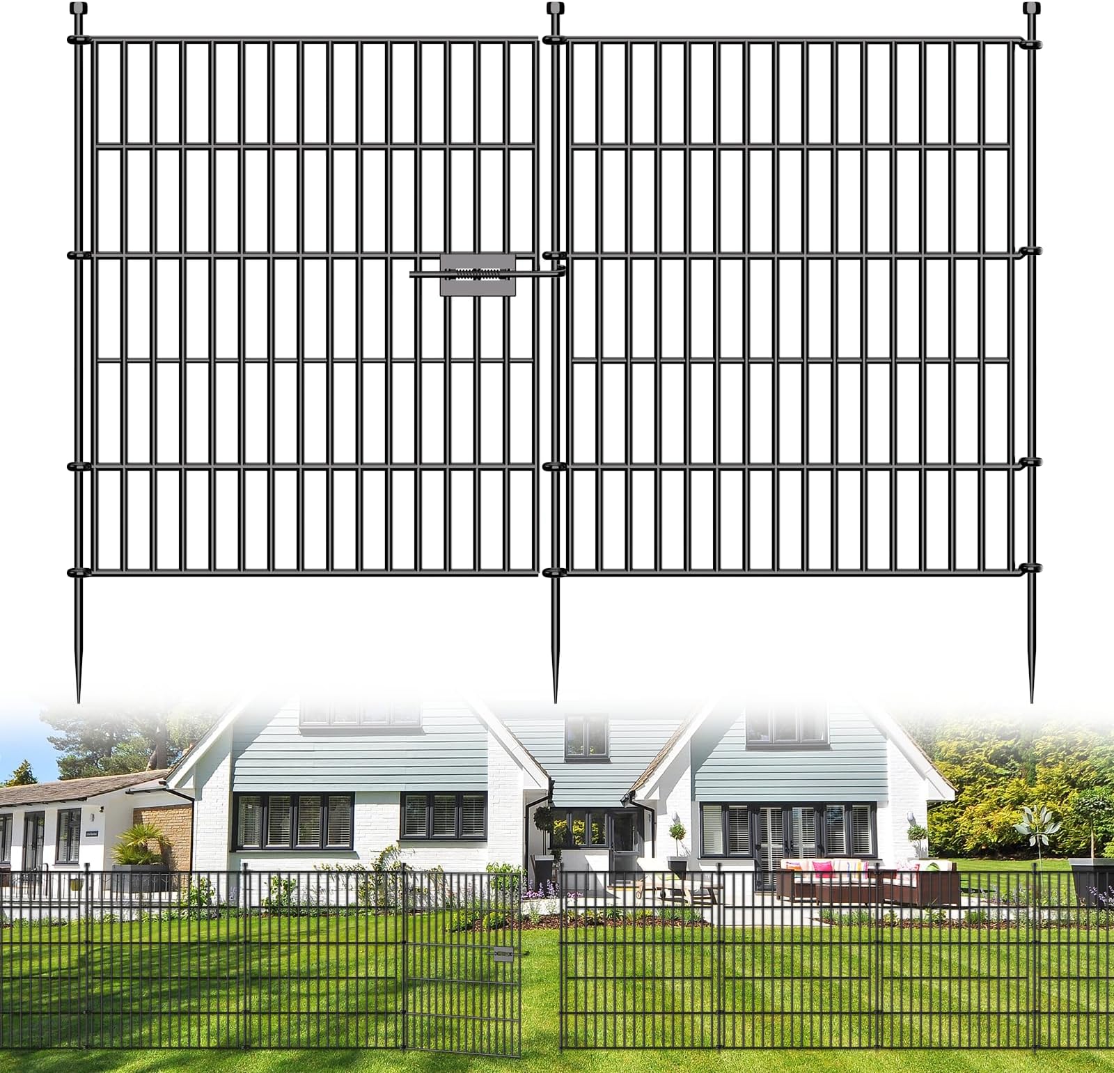 5 Panels No Dig Decorative Outdoor Garden Fence with Gate for Yard, 32 in(H) X 11.8 ft(L) Animal Barrier Fencing Rustproof Metal Wire Panel Border for Dog, Rabbits, and Patio Temporary Ground Stakes
