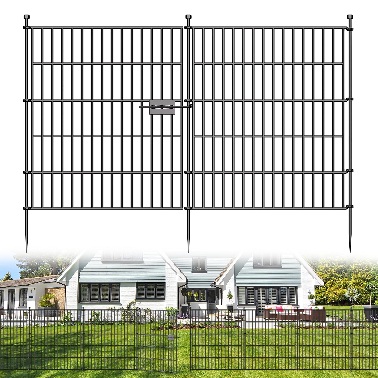 Photo 1 of 10 Panels No Dig Decorative Outdoor Garden Fence with Gate for Yard, 32 in(H) X 23.6 ft(L) Animal Barrier Fencing Rustproof Metal Wire Panel Border for Dog, Rabbits, and Patio Temporary Ground Stakes