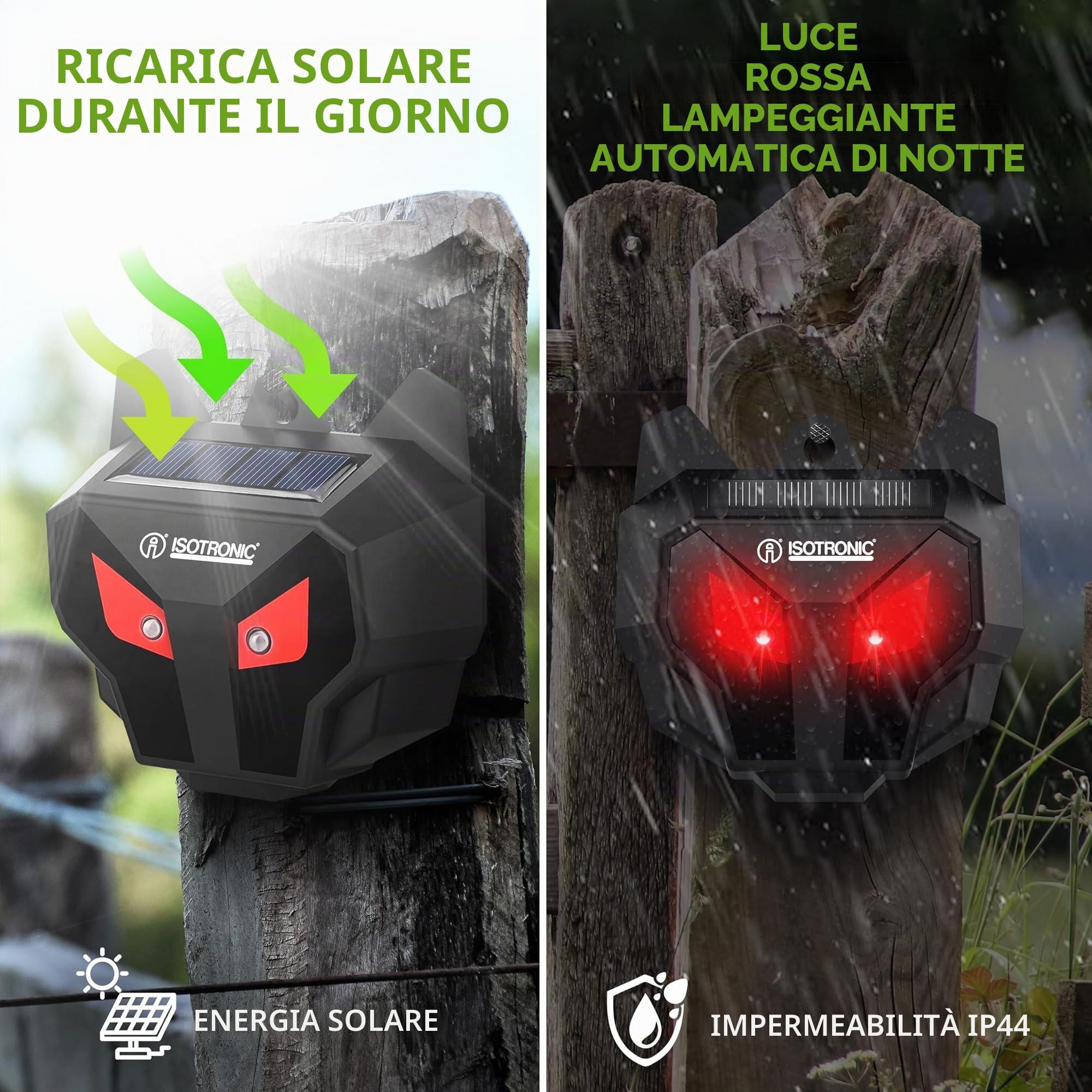 ISOTRONIC Repellente Solare Animali Selvatici LED Rosso, Dissuasore per Procioni Cervi Volpi Cinghiali, Raggio d'azione 40m², Deterrente Efficace Esterno e Giardino, Protezione Sicura (3 Unità)