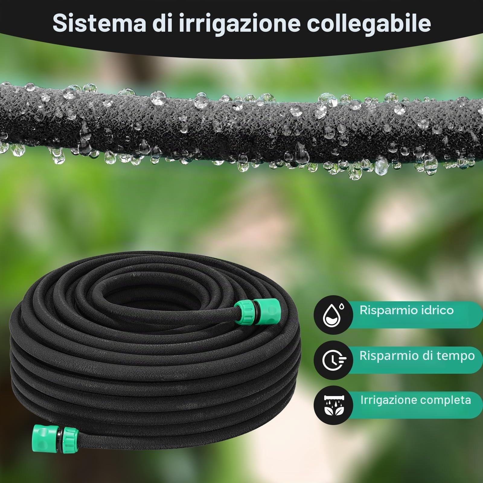 Tubo Poroso per Irrigazione 50 mt 1/2" con Vari Connettori, Set Tubo Gocciolante da Giardino per Prati, Patii… (verde) (nero)