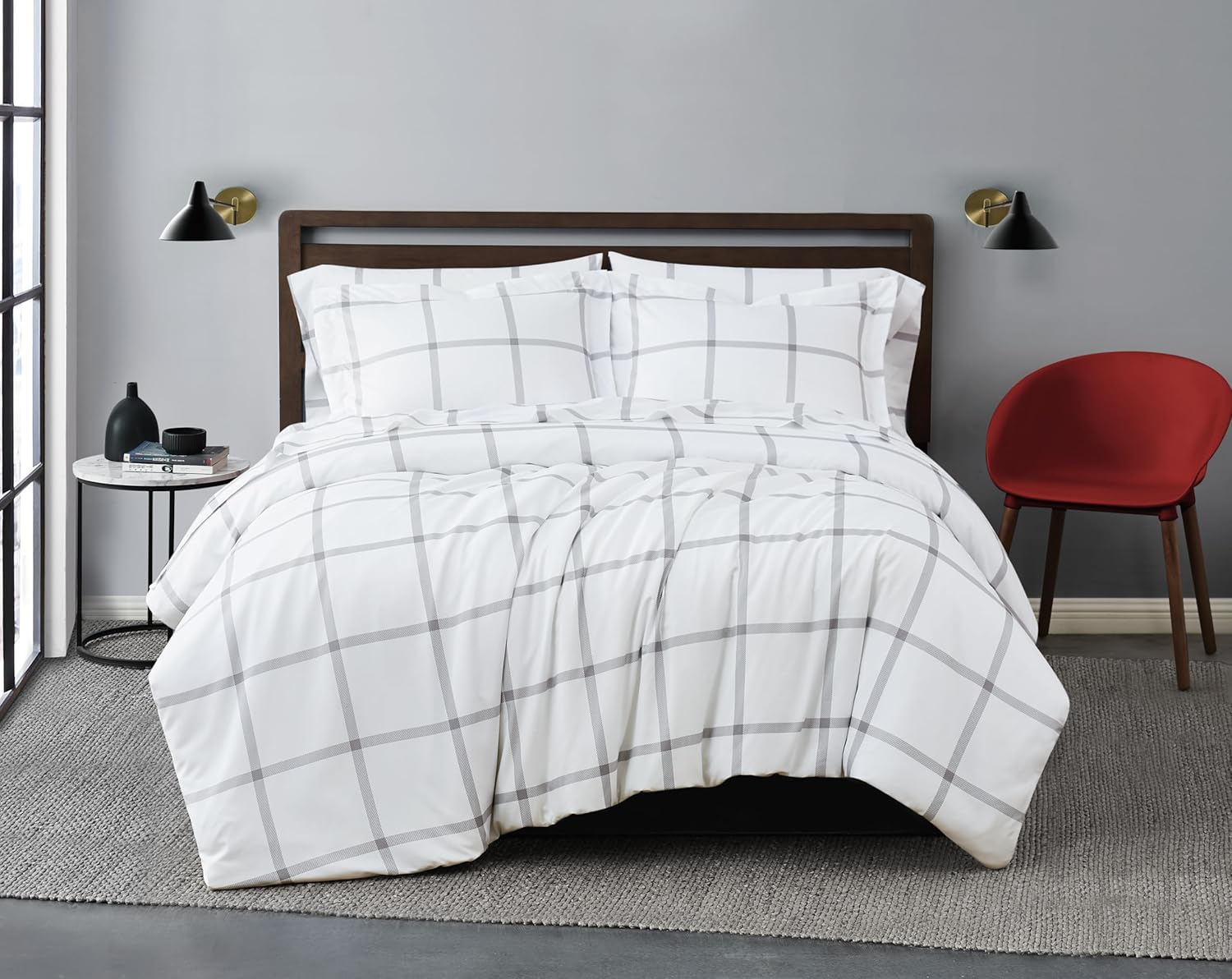 TRULY SOFT Printed Windowpane White and Grey Polyester 3-Piece Full/Queen Duvet Set, Geometric Themed, for Men and Women, Oeko-TEX Certified Confidence