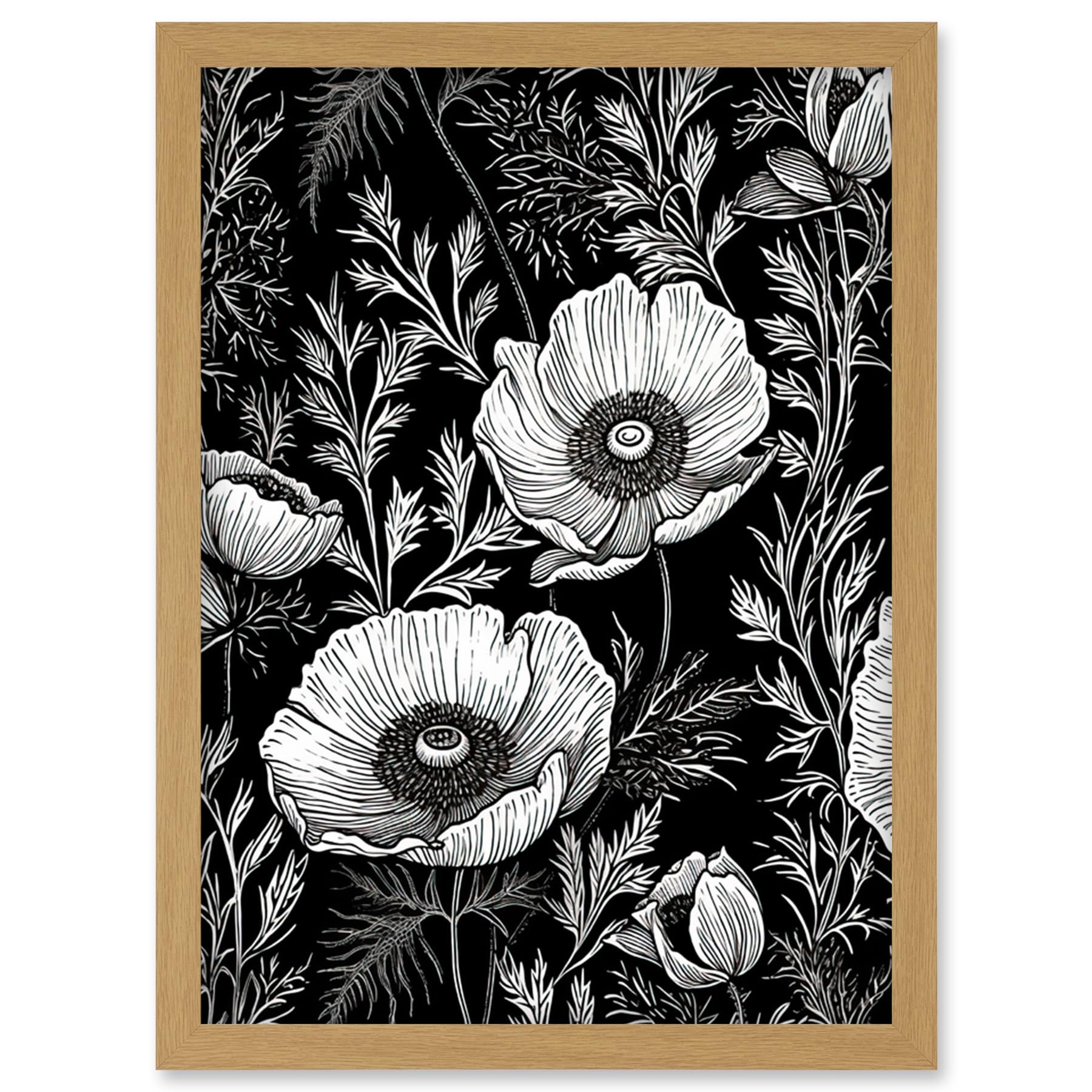 Artery8 Poppy Wild Flower Pattern Black and White Linocut Artwork Framed Wall Art Print A4