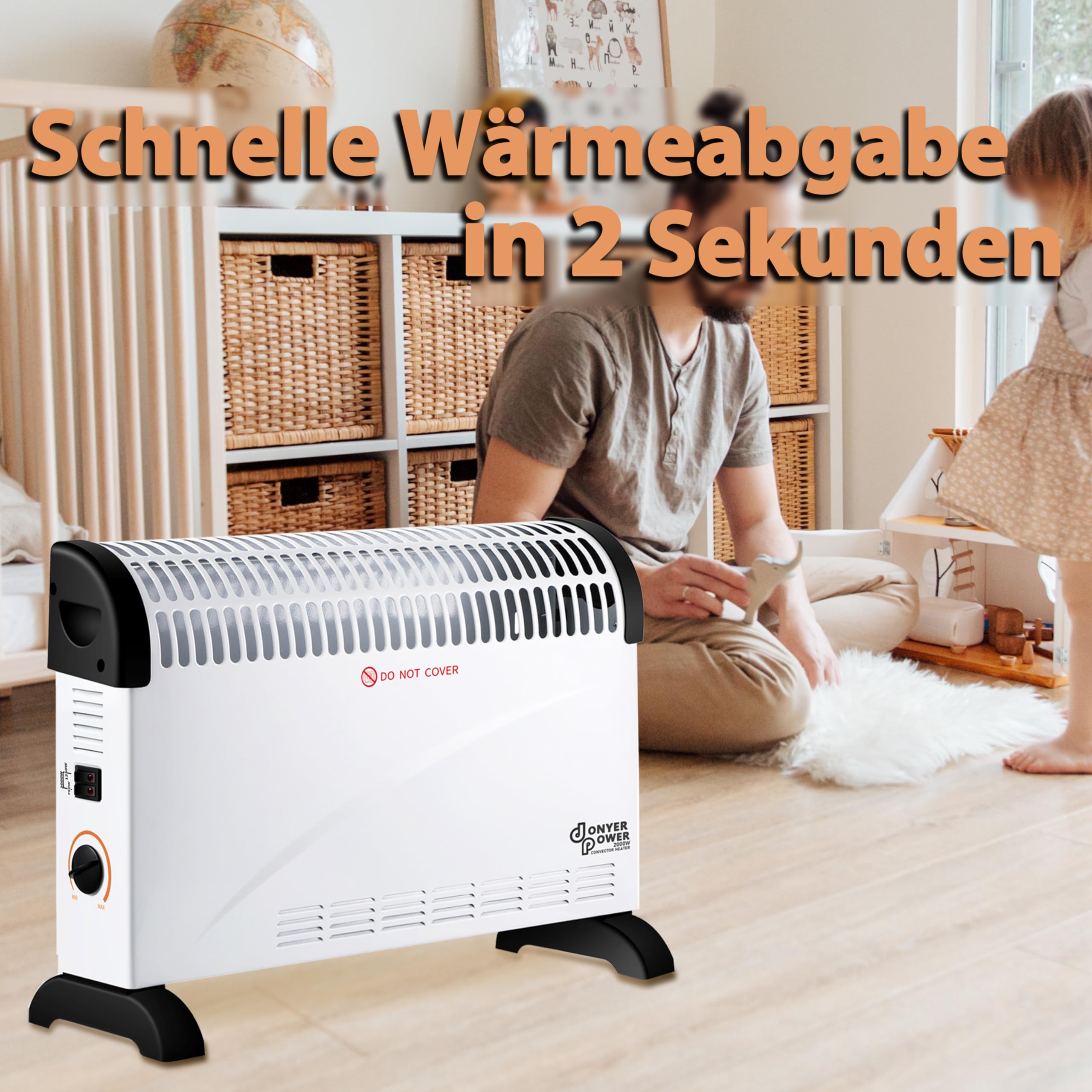 DONYER POWER 2KW Konvektor mit Thermostat – Leise – Wandmontage | 3 Heizstufen (750W/1250W/2000W) – Leiser Betrieb – Stand- & Wandmontage – Sofort einsatzbereit