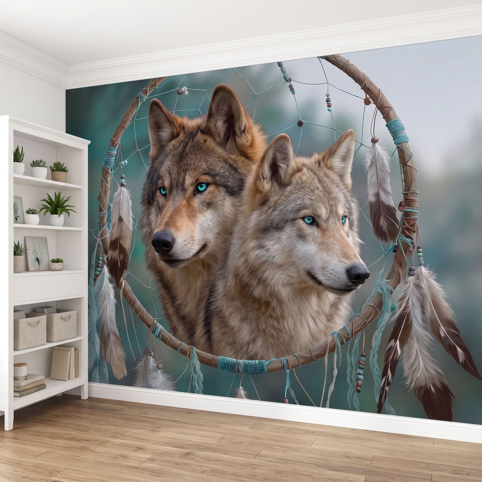 Fototapete Fantasy Boho Wohnzimmer 250 x 175 cm, Vlies Tapeten Traumfänger Wolf Wildtier Wandtapete XXL Foto Tapete Vliestapete Motivtapeten Bildtapete Schlafzimmer Wand Dekoration