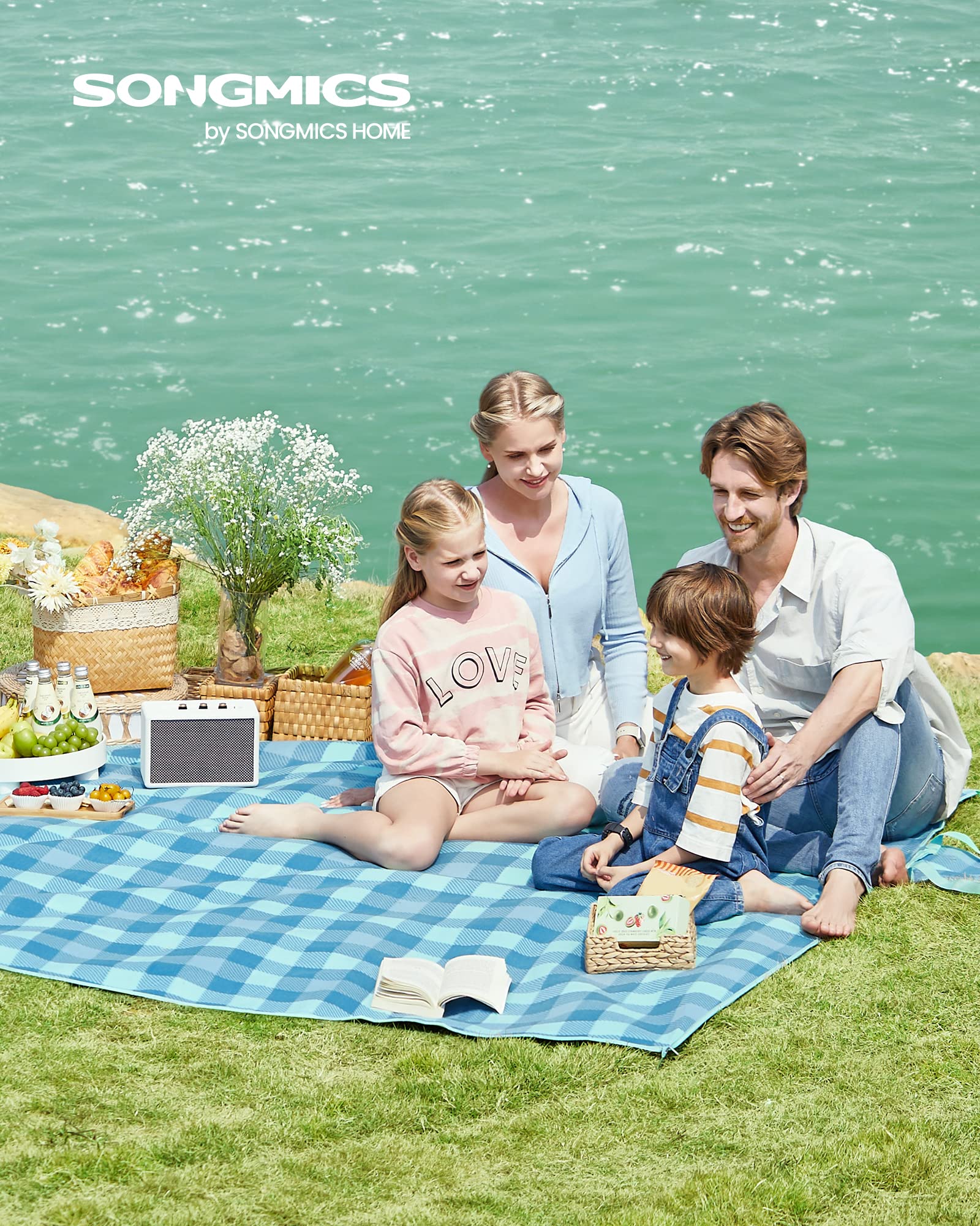 SONGMICS Picknickdecke, 200 x 200 cm, mit 4 Erdankern, groß, Campingdecke, für Park, Garten, Strand, wasserdicht, faltbar, grün-blau GCM011Q02