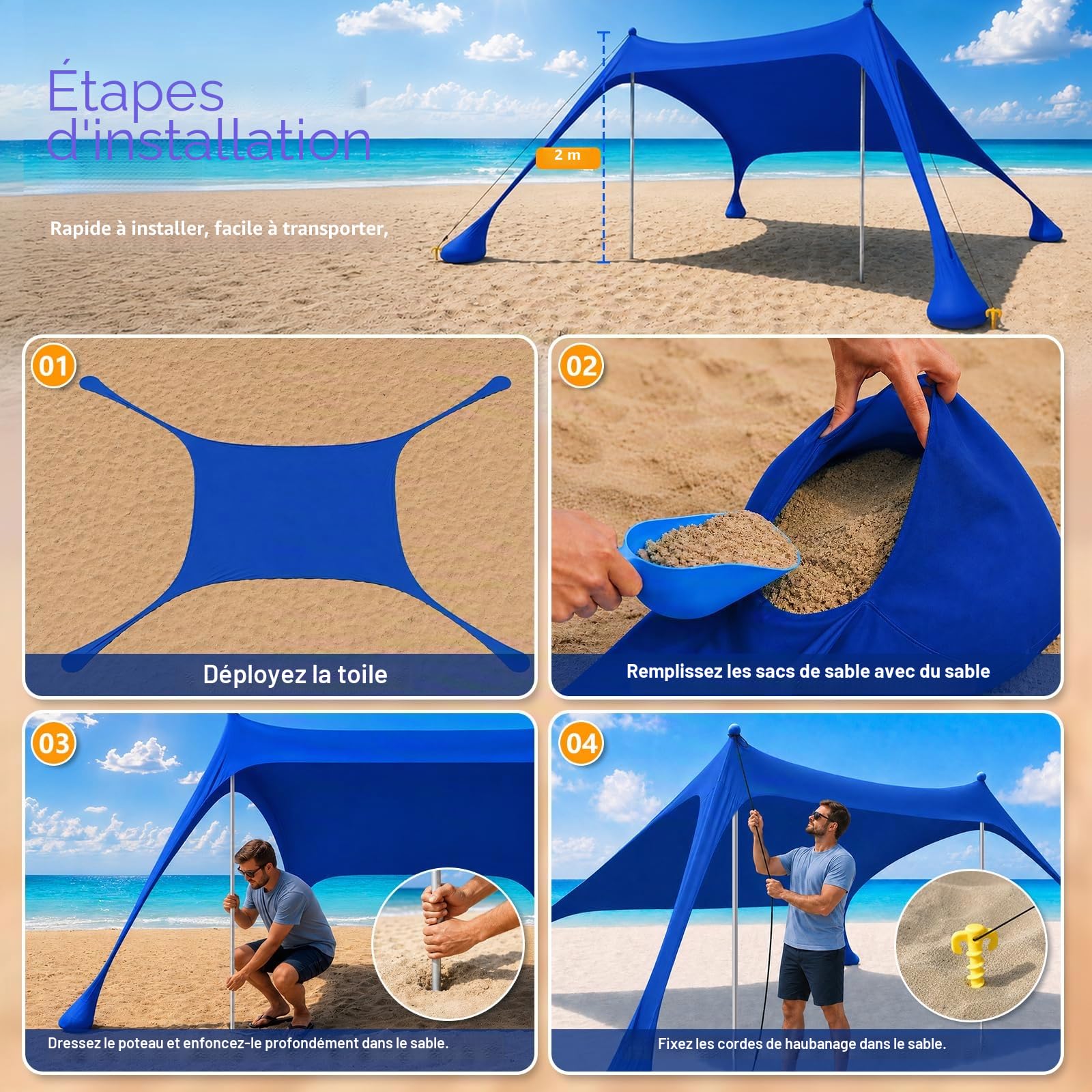 Tente de Plage, abri Solaire UPF50+ avec Tapis de Plage, 6.5x6.5FT, Facile à Monter, avec Sac de Transport et Cordes Coupe-Vent, pour Camping, pêche, Jardin et Pique-niques, Bleu foncé